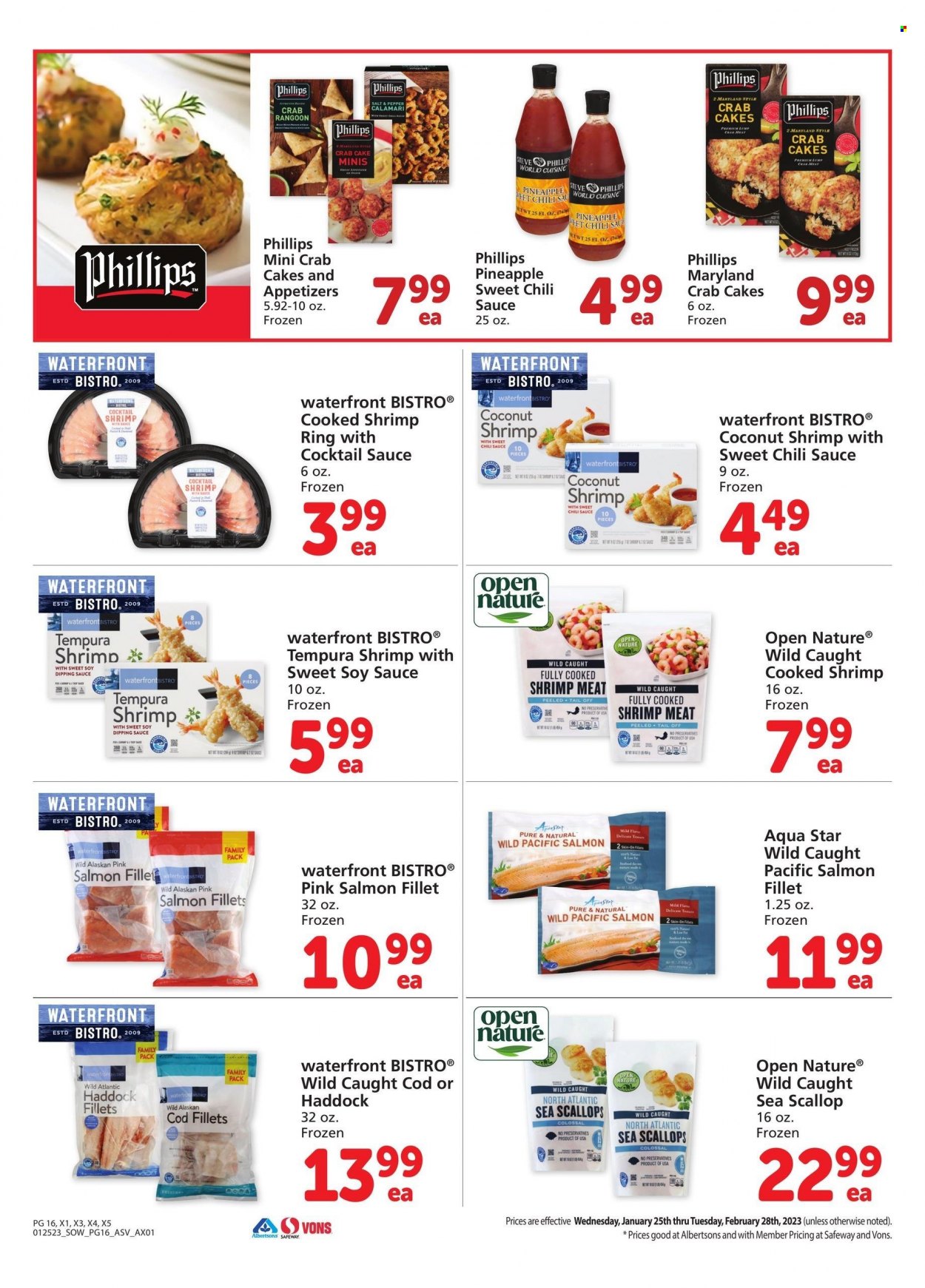 thumbnail - Vons Flyer - 01/25/2023 - 02/28/2023 - Sales products - pineapple, calamari, cod, salmon, salmon fillet, scallops, haddock, shrimps, crab cake, sauce, cocktail sauce, soy sauce, chilli sauce. Page 16.