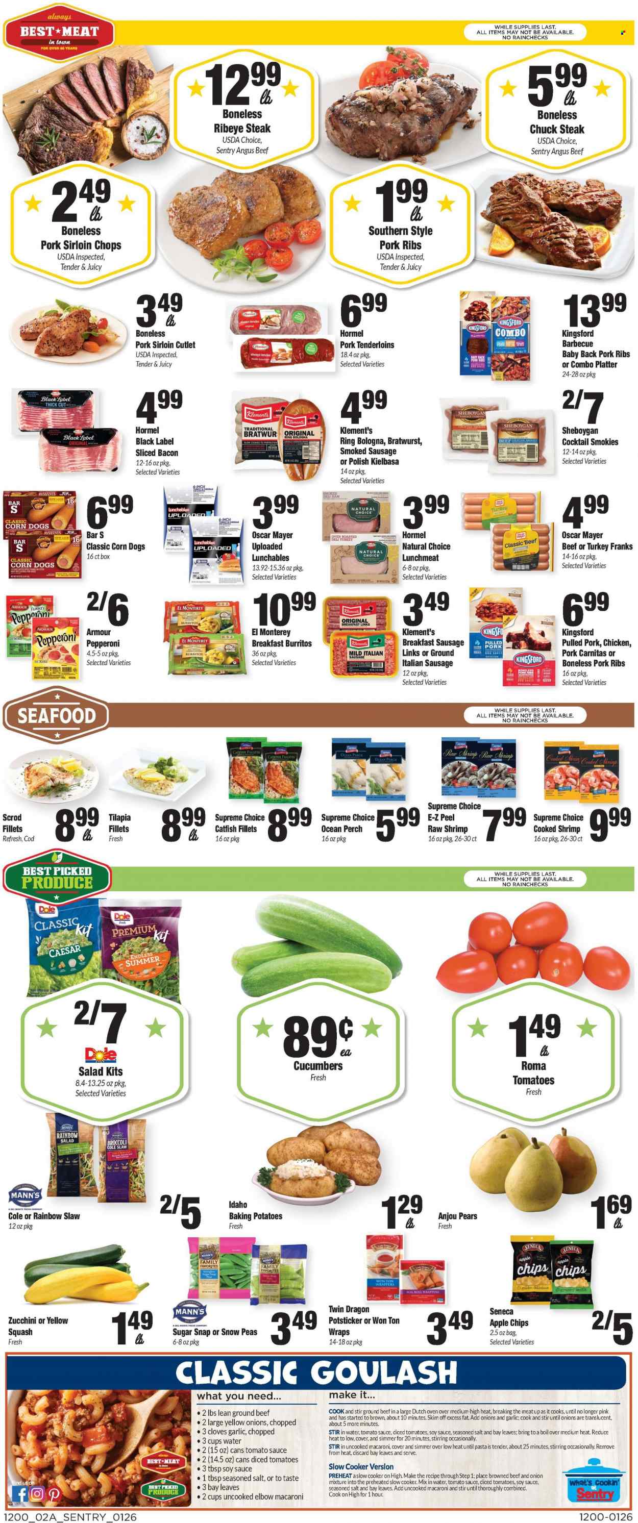 thumbnail - Sentry Foods Flyer - 01/26/2023 - 02/01/2023 - Sales products - wraps, broccoli, cucumber, garlic, zucchini, potatoes, Dole, yellow squash, pears, Golden Delicious, Granny Smith, catfish, cod, tilapia, perch, seafood, shrimps, macaroni, pasta, egg rolls, burrito, Lunchables, pulled pork, Hormel, Kingsford, bacon, ham, Oscar Mayer, bratwurst, sausage, smoked sausage, pepperoni, italian sausage, kielbasa, lunch meat, cheese, eggs, snow peas, chips, sugar, tomato sauce, diced tomatoes, Del Monte, cloves, BBQ sauce, soy sauce, Boost, bourbon, beef meat, beef steak, ground beef, steak, chuck steak, ribeye steak, ribs, pork loin, pork meat, pork ribs, pork tenderloin, pork back ribs. Page 2.