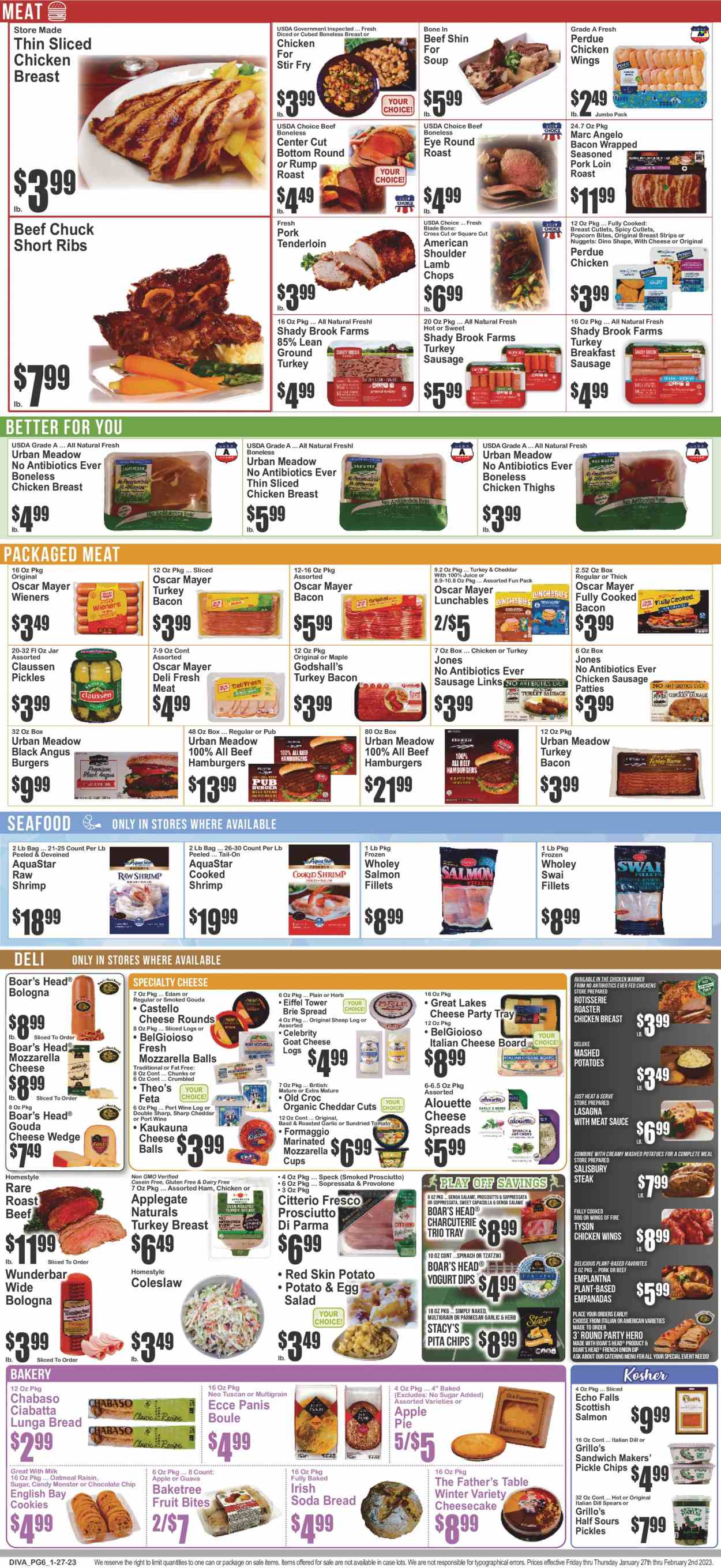 thumbnail - Key Food Flyer - 01/27/2023 - 02/02/2023 - Sales products - bread, ciabatta, pie, soda bread, Father's Table, apple pie, cheesecake, salad, guava, salmon, salmon fillet, seafood, shrimps, swai fillet, coleslaw, mashed potatoes, soup, nuggets, hamburger, sauce, lasagna meal, Perdue®, Lunchables, empanadas, bacon, soppressata, turkey bacon, ham, prosciutto, bologna sausage, Oscar Mayer, sausage, chicken sausage, tzatziki, edam cheese, goat cheese, gouda, mozzarella, parmesan, brie, feta, Provolone, yoghurt, milk, eggs, dip, chicken wings, strips, cookies, popcorn, pita chips, oatmeal, pickles, dill, juice, Monster, port wine, ground turkey, turkey breast, chicken breasts, chicken thighs, beef meat, steak, round roast, roast beef, ribs, pork loin, pork meat, pork tenderloin, lamb chops, lamb meat, cup, cheese board. Page 6.