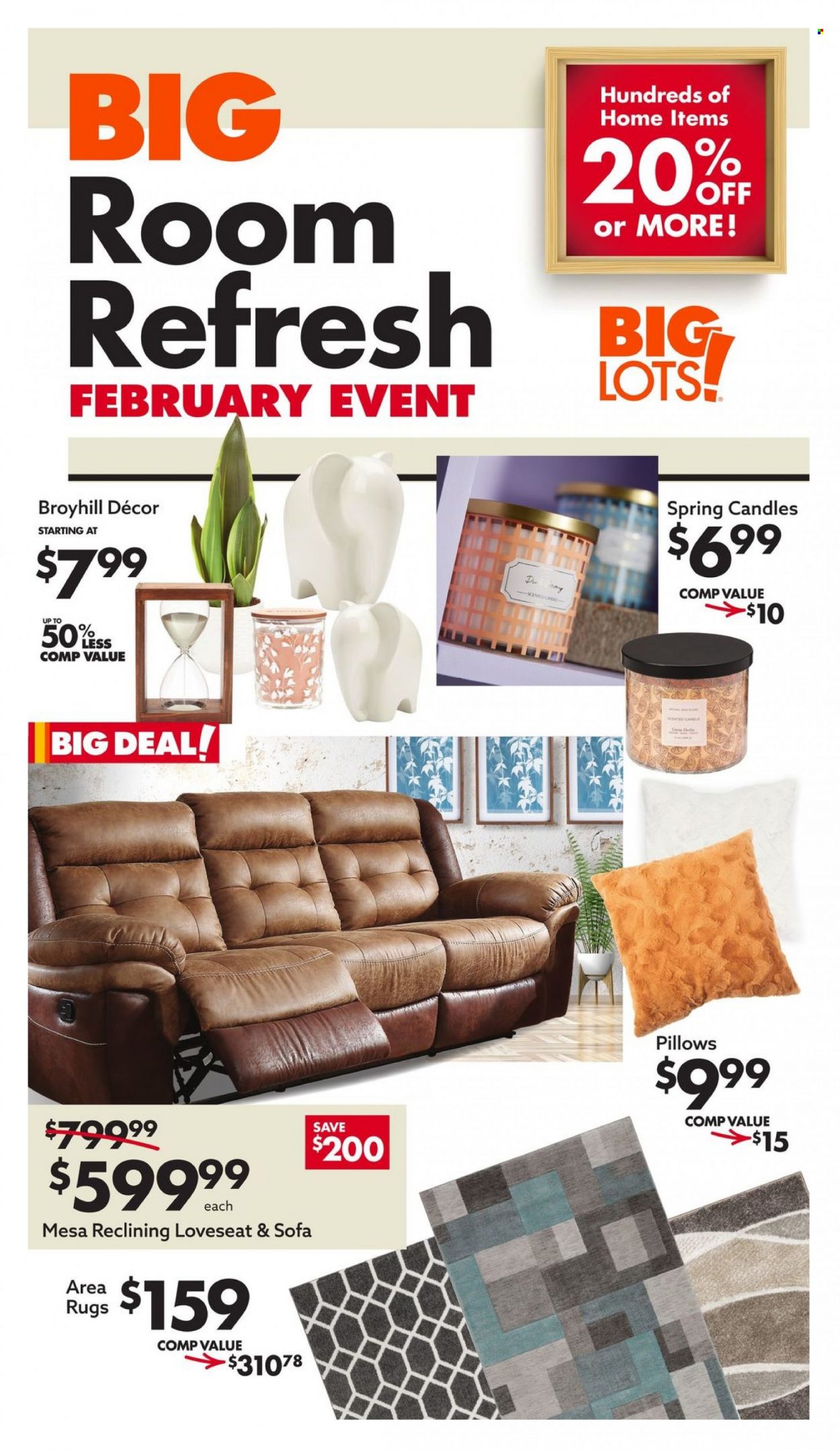 thumbnail - Big Lots Flyer - 01/28/2023 - 02/03/2023 - Sales products - loveseat, sofa, candle, pillow, rug, area rug. Page 1.