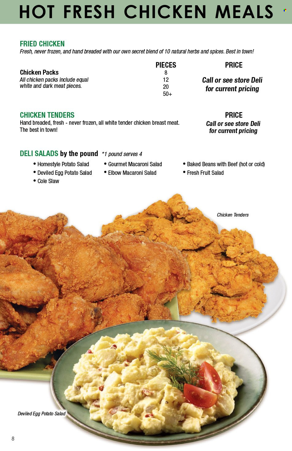 thumbnail - Super Saver Flyer - 01/01/2022 - 12/31/2023 - Sales products - chicken tenders, fried chicken, potato salad, macaroni salad, eggs, baked beans, fruit salad, herbs. Page 8.