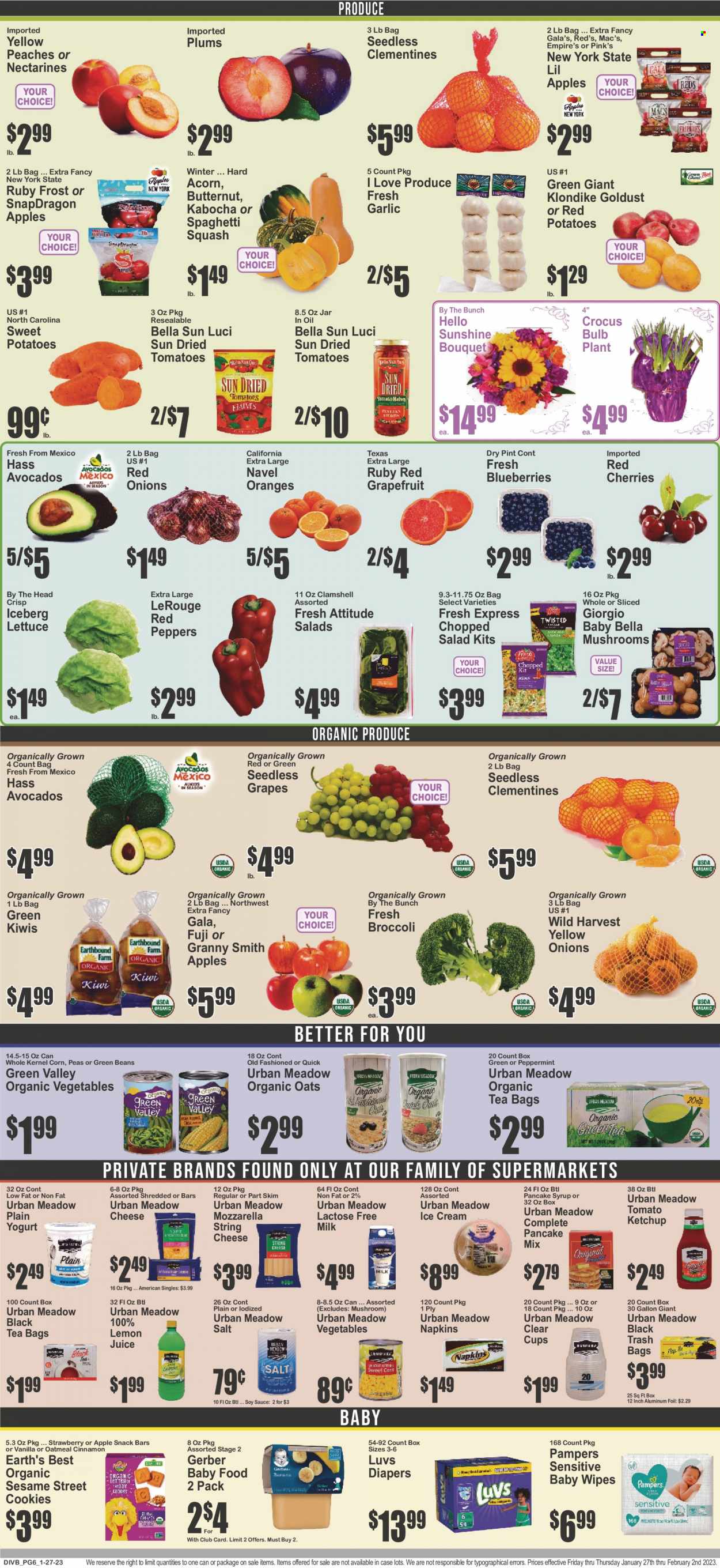 thumbnail - Food Universe Flyer - 01/27/2023 - 02/02/2023 - Sales products - mushrooms, beans, broccoli, corn, garlic, green beans, red onions, potatoes, pumpkin, peas, onion, lettuce, salad, peppers, Wild Harvest, red potatoes, chopped salad, red peppers, avocado, blueberries, Gala, grapefruits, grapes, kiwi, seedless grapes, plums, oranges, Granny Smith, sauce, mozzarella, string cheese, cheese, yoghurt, milk, lactose free milk, ice cream, cookies, snack, snack bar, Sesame Street, Gerber, oatmeal, oats, dried tomatoes, Bella Sun Luci, cinnamon, soy sauce, ketchup, pancake syrup, syrup, lemon juice, tea bags, Mac’s, wipes, Pampers, baby wipes, napkins, nappies, trash bags, cup, aluminium foil, bulb, bouquet, butternut squash, clementines, nectarines, peaches, navel oranges. Page 6.