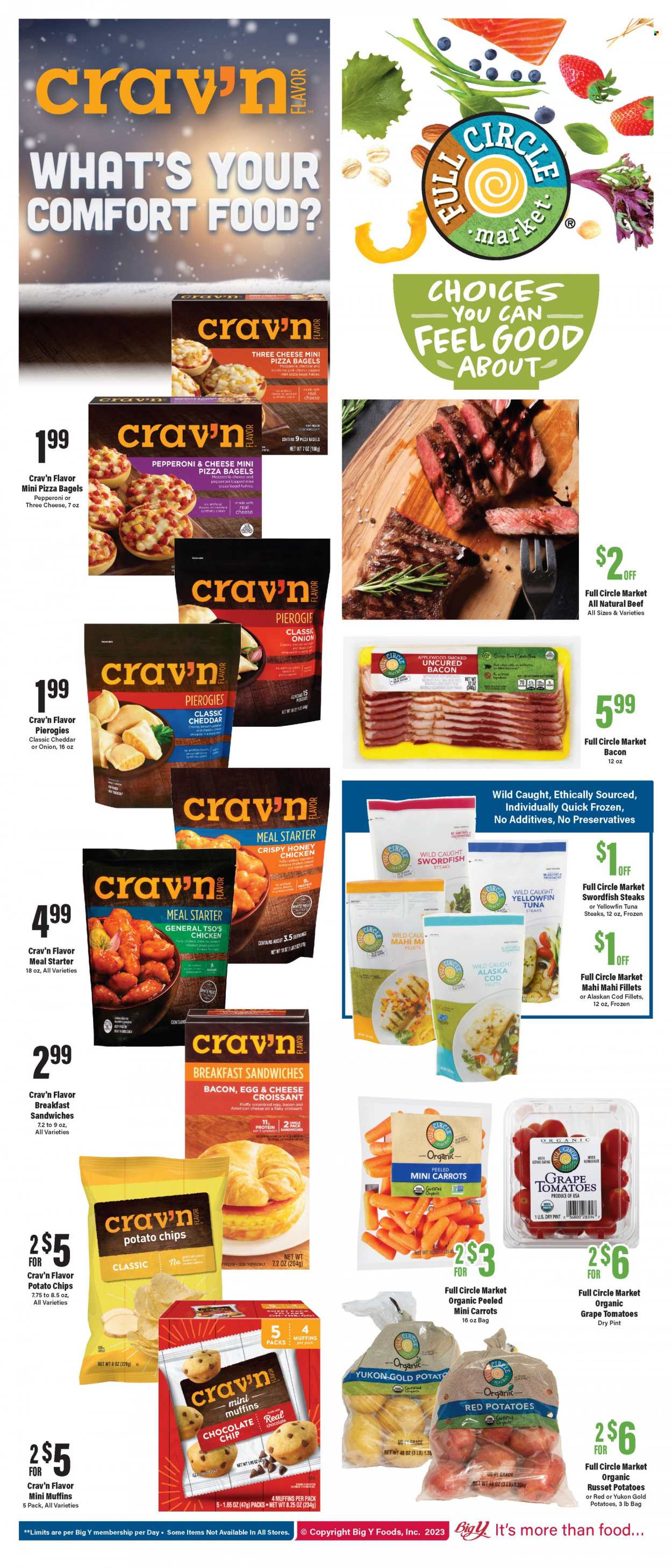 thumbnail - Big Y Flyer - 01/26/2023 - 02/01/2023 - Sales products - bagels, muffin, russet potatoes, onion, red potatoes, cod, mahi mahi, swordfish, tuna, pizza, bacon, american cheese, Monterey Jack cheese, eggs, chocolate, potato chips, steak. Page 2.