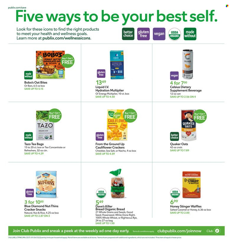 thumbnail - Publix Flyer - 01/26/2023 - 02/01/2023 - Sales products - waffles, Quaker, cheddar, cheese, chocolate, snack, crackers, Thins, oat bites, honey, Blue Diamond, tea bags, dietary supplement. Page 1.