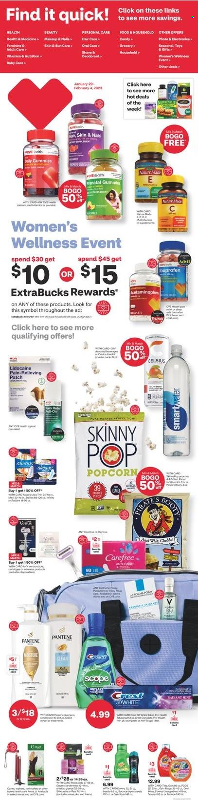 thumbnail - CVS Pharmacy Flyer - 01/29/2023 - 02/04/2023 - Sales products - chips, Skinny Pop, Smartwater, Bounce, Crest, Carefree, La Roche-Posay, Pantene, anti-perspirant, roll-on, deodorant, Venus, bag, Prenatal, magnesium, Nature Made, Ibuprofen, Advil Rapid, makeup. Page 1.