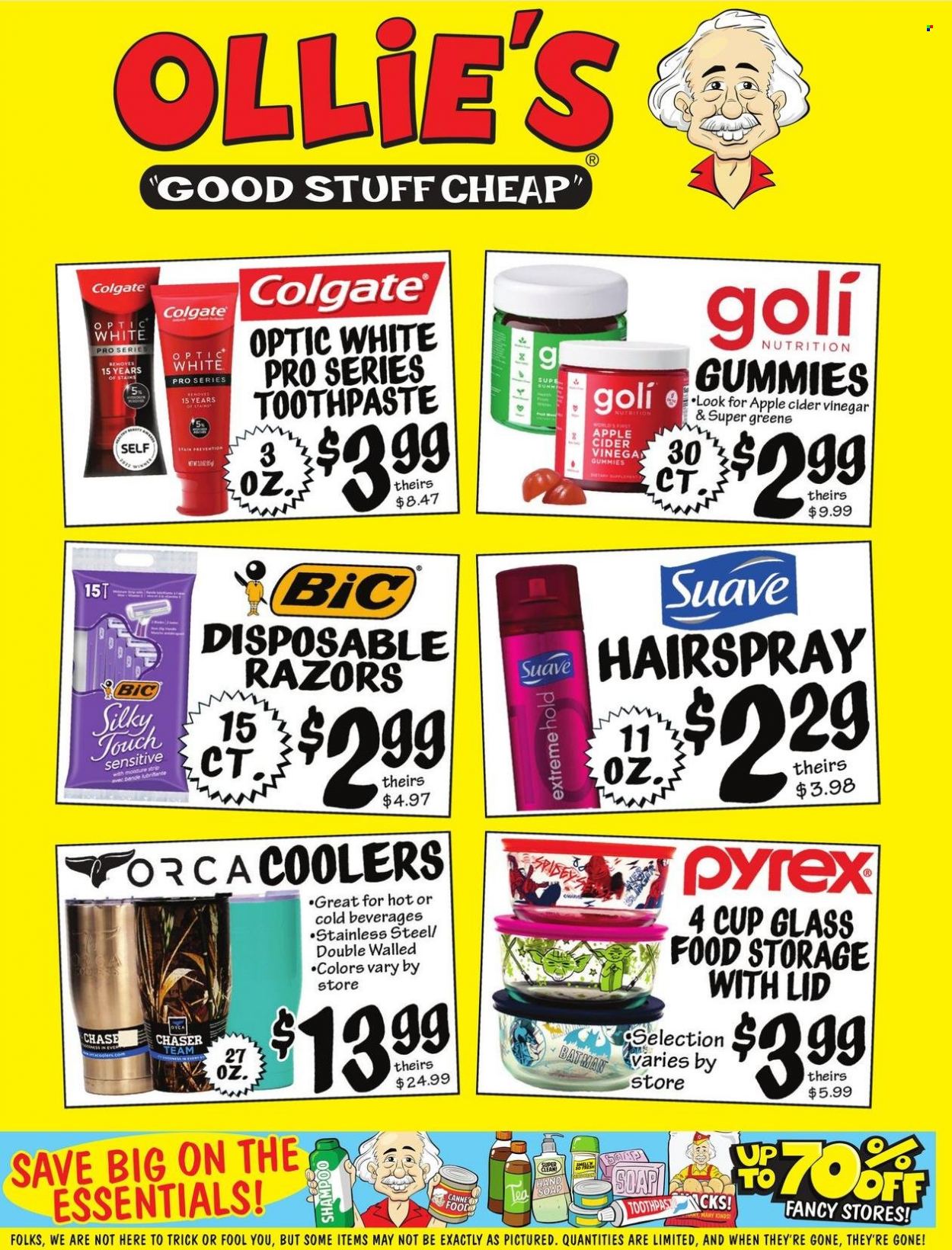 thumbnail - Ollie's Bargain Outlet Flyer - 01/26/2023 - 02/02/2023 - Sales products - apple cider vinegar, Suave, soap, Colgate, toothpaste, cup, Pyrex, Batman. Page 1.
