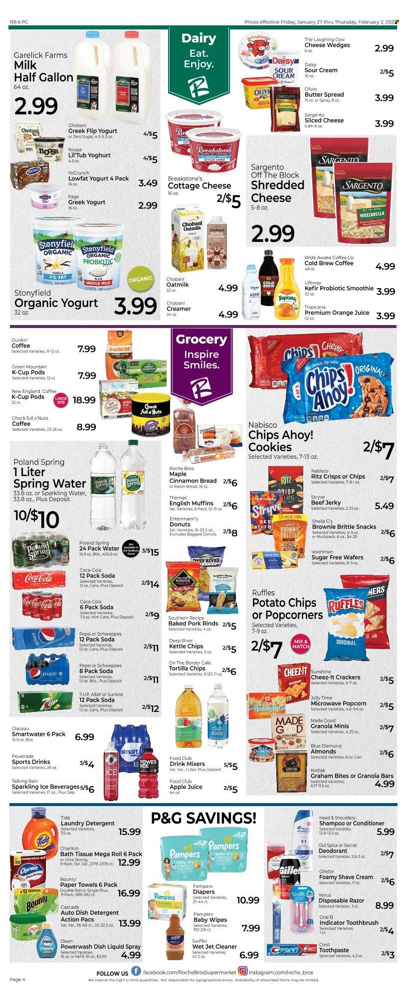 thumbnail - Roche Bros. Flyer - 01/27/2023 - 02/02/2023 - Sales products - english muffins, brownies, donut, Entenmann's, beef jerky, jerky, cottage cheese, mozzarella, sliced cheese, cheese, The Laughing Cow, Sargento, greek yoghurt, yoghurt, organic yoghurt, Chobani, milk, kefir, oat milk, Sunshine, creamer, Ola, cookies, wafers, snack, Bounty, crackers, Chips Ahoy!, RITZ, tortilla chips, potato chips, chips, popcorn, Cheez-It, Ruffles, granola bar, spice, cinnamon, almonds, Blue Diamond, apple juice, Coca-Cola, Schweppes, Powerade, Pepsi, orange juice, juice, 7UP, A&W, smoothie, Club Soda, spring water, sparkling water, Smartwater, coffee, coffee capsules, K-Cups, Green Mountain, wipes, Pampers, baby wipes, nappies, bath tissue, kitchen towels, paper towels, Charmin, detergent, cleaner, Swiffer, Cascade, Tide, laundry detergent, dishwashing liquid, dishwasher cleaner, Jet, shampoo, Old Spice, toothbrush, Oral-B, toothpaste, Crest, conditioner, Head & Shoulders, anti-perspirant, deodorant, Gillette, Venus, shave cream, disposable razor. Page 3.