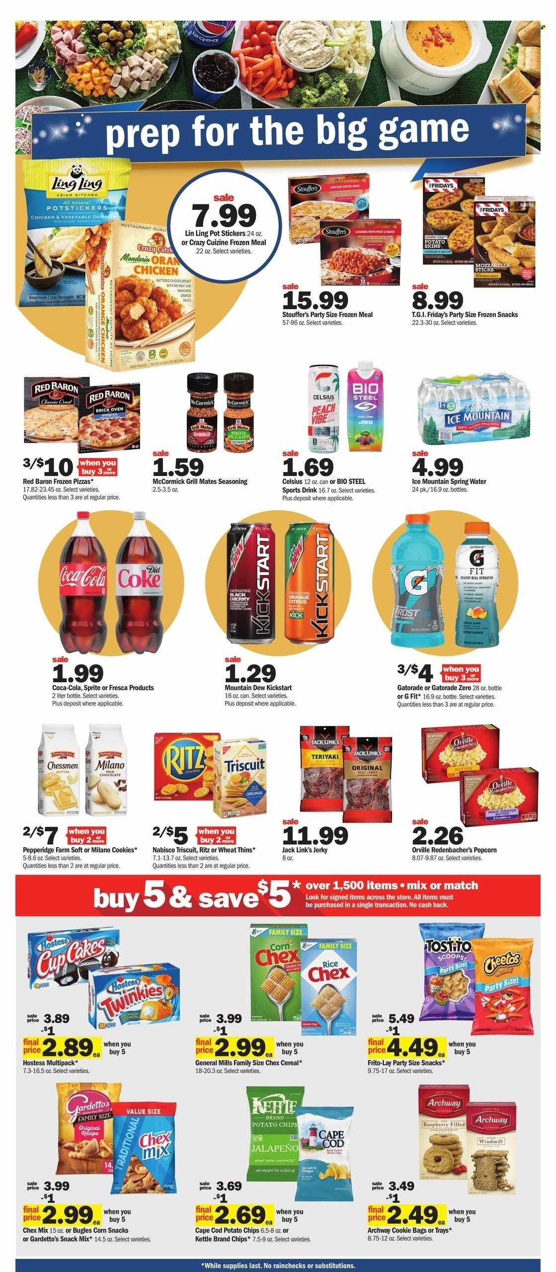 thumbnail - Meijer Flyer - 01/29/2023 - 02/04/2023 - Sales products - jalapeño, mandarines, cherries, oranges, cod, pizza, sauce, lasagna meal, bacon, jerky, mozzarella, cheese, Stouffer's, Red Baron, cookies, chocolate, snack, RITZ, potato chips, Cheetos, Thins, popcorn, Frito-Lay, Jack Link's, Chex Mix, cereals, rice, spice, Coca-Cola, Mountain Dew, Sprite, Gatorade, spring water, Ice Mountain, Crest, bag, pot, sticker, oven, grill. Page 5.
