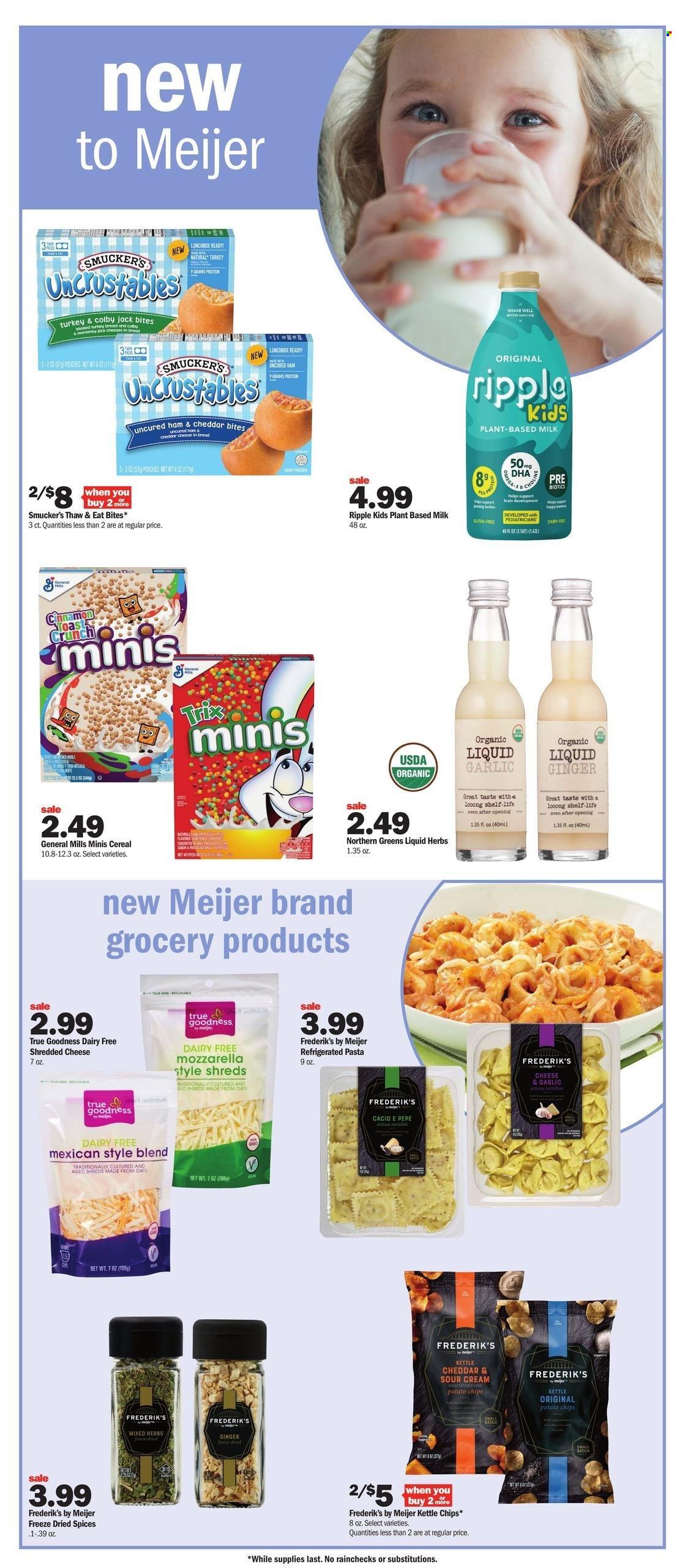thumbnail - Meijer Flyer - 01/29/2023 - 02/04/2023 - Sales products - bread, ginger, pasta, uncured ham, ham, Colby cheese, mozzarella, shredded cheese, milk, shake, potato chips, oats, cereals, Trix, herbs, cinnamon, meal box. Page 7.