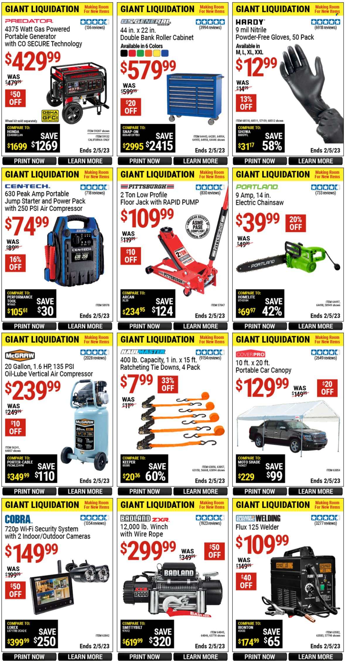 thumbnail - Harbor Freight Flyer - 01/27/2023 - 02/05/2023 - Sales products - roller, chain saw, air compressor, gloves, cabinet, generator, winch, welder, pump, floor jack, tie downs, starter. Page 1.