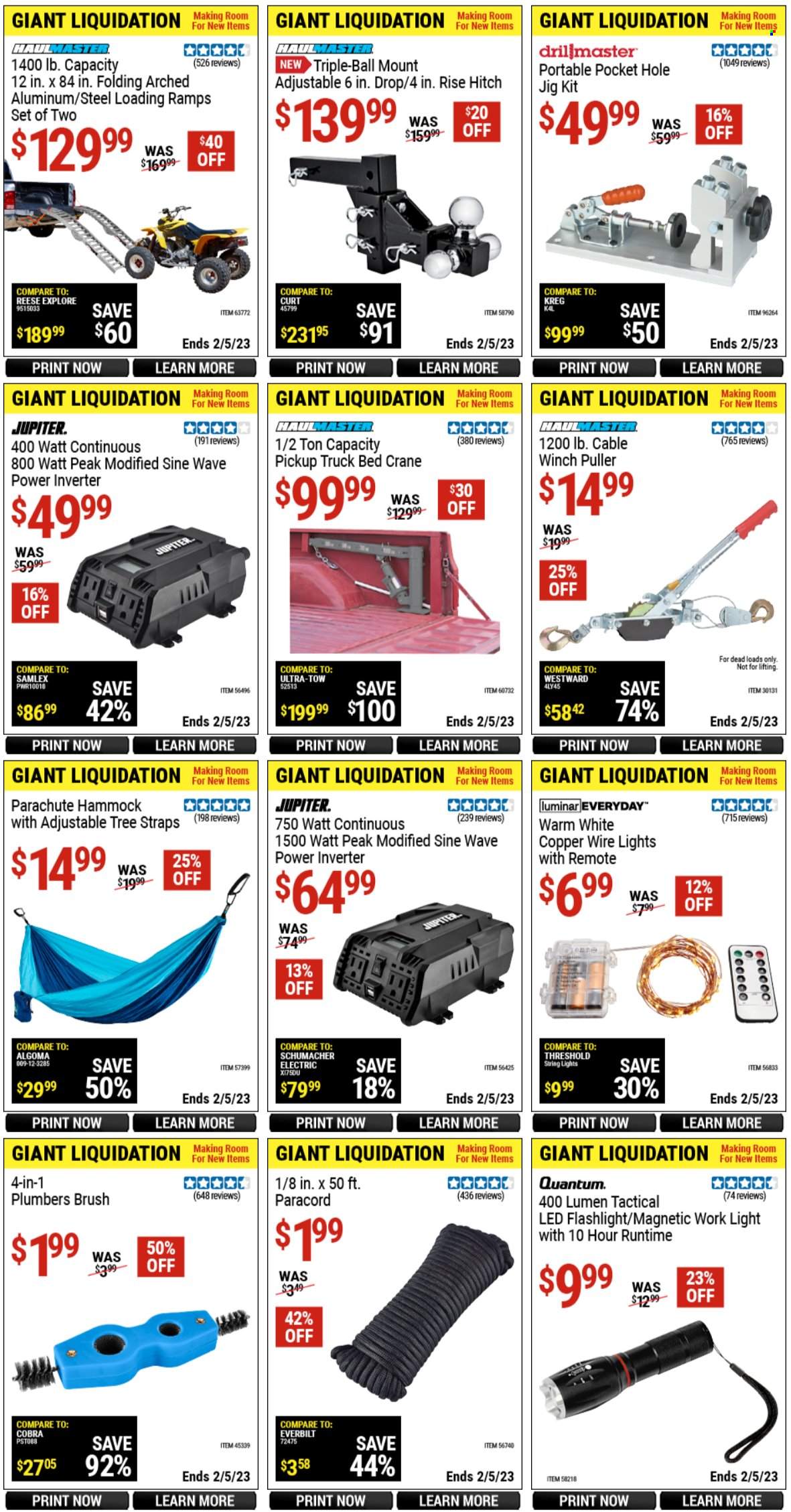 thumbnail - Harbor Freight Flyer - 01/27/2023 - 02/05/2023 - Sales products - flashlight, jig, string lights, work light, brush, winch, power inverter, hammock, car ramps. Page 7.