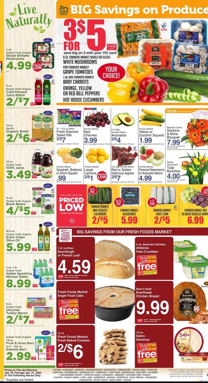 thumbnail - Harris Teeter Flyer - 01/25/2023 - 01/31/2023 - Sales products - mushrooms, cake, french loaf, Angel Food, beans, bell peppers, carrots, corn, cucumber, tomatoes, zucchini, salad, peppers, sweet corn, apples, avocado, blueberries, honeydew, cherries, cod, spaghetti, bacon, turkey bacon, hummus, feta, cookies, chicken broth, broth, black beans, granola bar, extra virgin olive oil, olive oil, oil, juice, mineral water, sparkling water, wine, beer, chicken breasts, butternut squash, melons, lemons. Page 6.