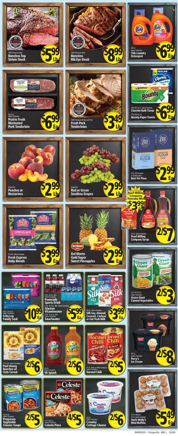 thumbnail - Big M Flyer - 01/27/2023 - 02/02/2023 - Sales products - muffin, beans, corn, garlic, sweet corn, grapes, seedless grapes, pineapple, coconut, pizza, pancakes, Progresso, Hormel, cottage cheese, milk, ice cream, Celeste, Bounty, all purpose flour, flour, canned vegetables, Del Monte, cereals, syrup, Powerade, Smartwater, red wine, wine, beef meat, beef sirloin, steak, sirloin steak, ribeye steak, pork meat, pork tenderloin, marinated pork, nectarines, peaches. Page 2.