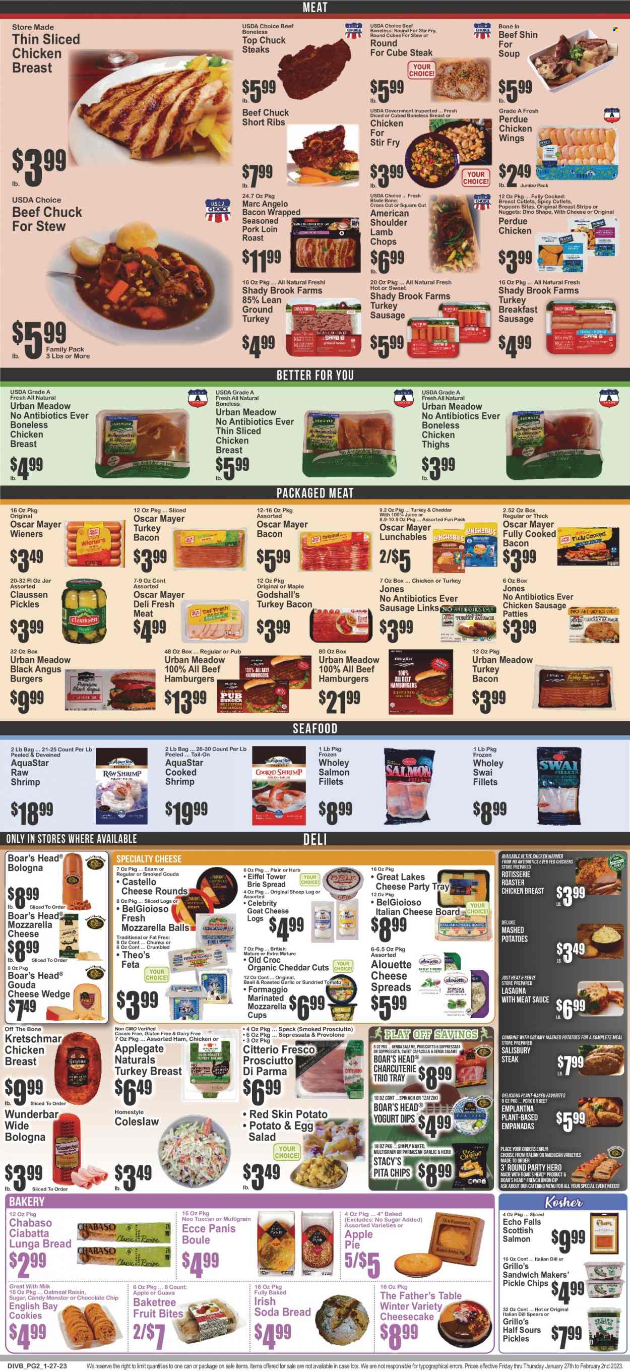 thumbnail - Super Fresh Flyer - 01/27/2023 - 02/02/2023 - Sales products - bread, ciabatta, pie, soda bread, Father's Table, apple pie, cheesecake, salad, guava, salmon, salmon fillet, seafood, shrimps, swai fillet, coleslaw, mashed potatoes, soup, nuggets, hamburger, sauce, lasagna meal, Perdue®, Lunchables, empanadas, bacon, soppressata, turkey bacon, ham, prosciutto, bologna sausage, Oscar Mayer, sausage, chicken sausage, tzatziki, edam cheese, goat cheese, gouda, mozzarella, parmesan, brie, feta, Provolone, yoghurt, milk, eggs, dip, chicken wings, strips, cookies, popcorn, pita chips, oatmeal, pickles, dill, juice, Monster, ground turkey, chicken breasts, chicken thighs, beef meat, steak, roast beef, ribs, pork loin, pork meat, lamb chops, lamb meat. Page 2.