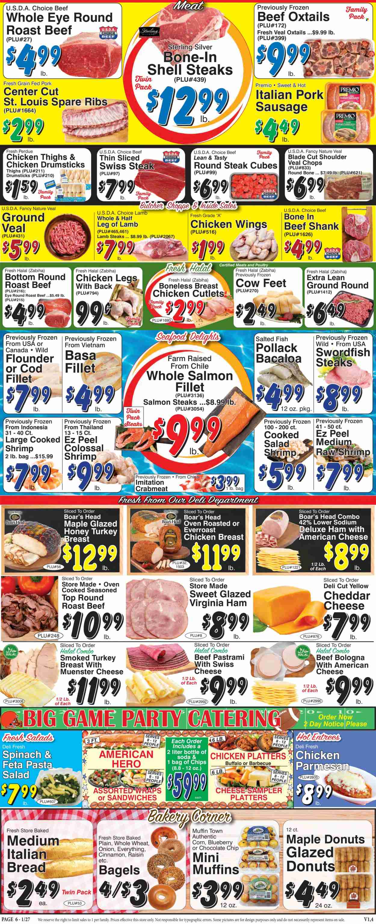 thumbnail - Trade Fair Supermarket Flyer - 01/27/2023 - 02/02/2023 - Sales products - bagels, bread, wraps, donut, muffin, onion, cod, crab meat, flounder, salmon, salmon fillet, swordfish, pollock, seafood, fish, shrimps, sandwich, pasta, Perdue®, ham, pastrami, bologna sausage, virginia ham, sausage, pork sausage, pasta salad, american cheese, cheese, Münster cheese, chicken wings, cinnamon, soda, chicken breasts, chicken cutlets, chicken legs, chicken thighs, chicken drumsticks, beef meat, beef shank, ground veal, veal cutlet, veal meat, steak, round roast, round steak, roast beef, sirloin steak, ribs, pork spare ribs, lamb leg. Page 6.
