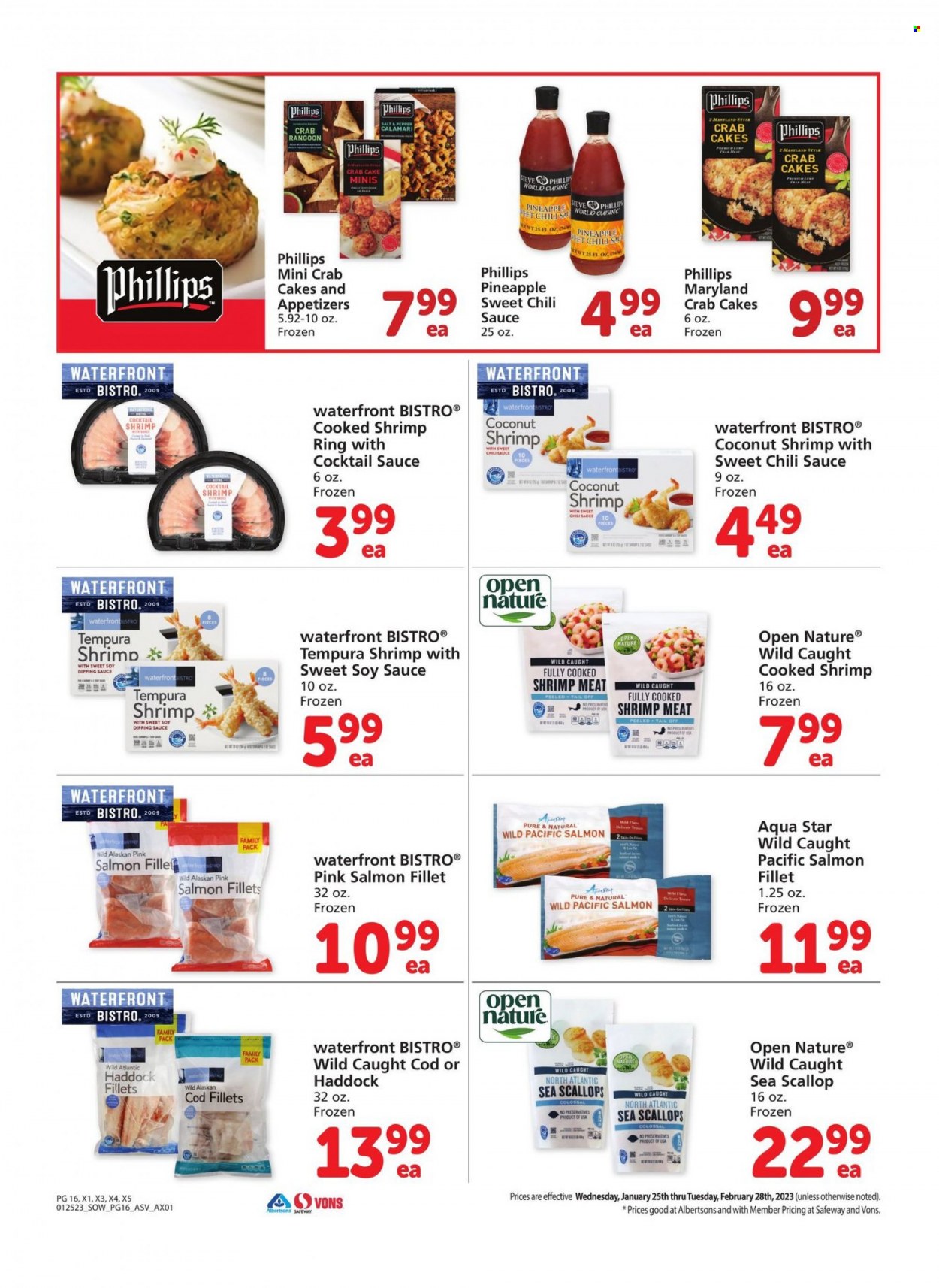 thumbnail - Safeway Flyer - 01/25/2023 - 02/28/2023 - Sales products - pineapple, cod, salmon, salmon fillet, scallops, haddock, shrimps, crab cake, cocktail sauce, soy sauce, chilli sauce. Page 16.