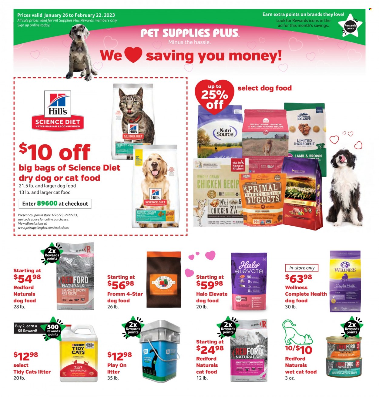 thumbnail - Pet Supplies Plus Flyer - 01/26/2023 - 02/22/2023 - Sales products - animal food, cat litter, Play On, cat food, dog food, Redford Naturals, Science Diet, wet cat food. Page 1.