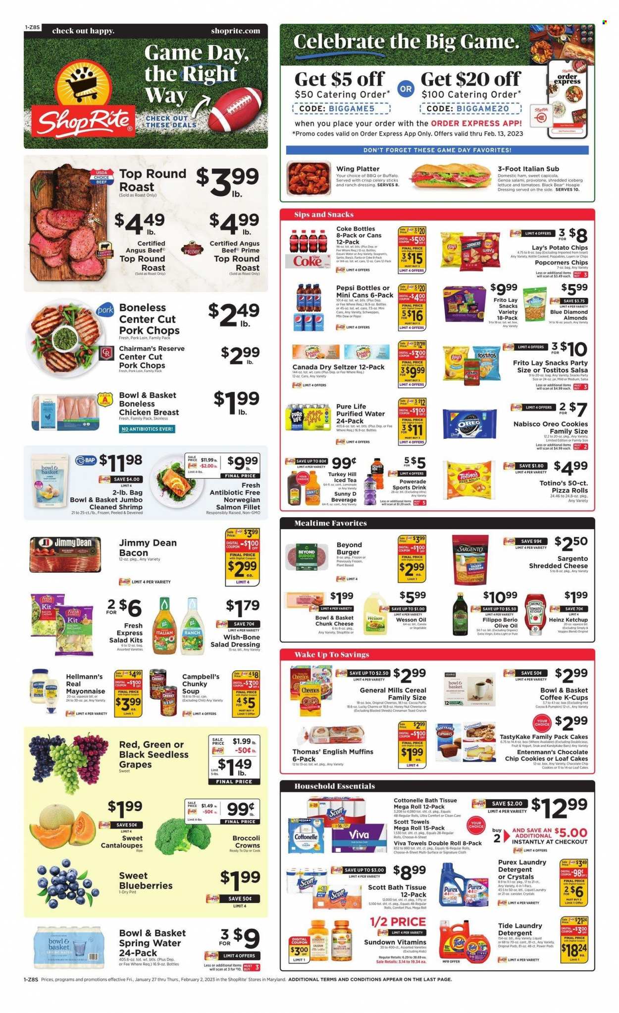 thumbnail - ShopRite Flyer - 01/27/2023 - 02/02/2023 - Sales products - english muffins, cake, pizza rolls, Bowl & Basket, puffs, Entenmann's, cantaloupe, lettuce, blueberries, grapes, seedless grapes, salmon, salmon fillet, shrimps, Campbell's, pizza, soup, Jimmy Dean, salami, ham, shredded cheese, chunk cheese, Provolone, Sargento, Oreo, yoghurt, mayonnaise, ranch dressing, Hellmann’s, cookies, potato chips, Lay’s, popcorn, Tostitos, celery sticks, Heinz, cereals, Cheerios, cinnamon, salad dressing, ketchup, dressing, salsa, extra virgin olive oil, olive oil, oil, almonds, Blue Diamond, Canada Dry, Coca-Cola, lemonade, Schweppes, Sprite, Powerade, Pepsi, Fanta, ice tea, seltzer water, spring water, purified water, hot cocoa, coffee, coffee capsules, K-Cups, chicken breasts, beef meat, round roast, pork chops, pork loin, pork meat, bath tissue, Cottonelle, Scott, detergent, Tide, laundry detergent, Purex, calcium. Page 1.