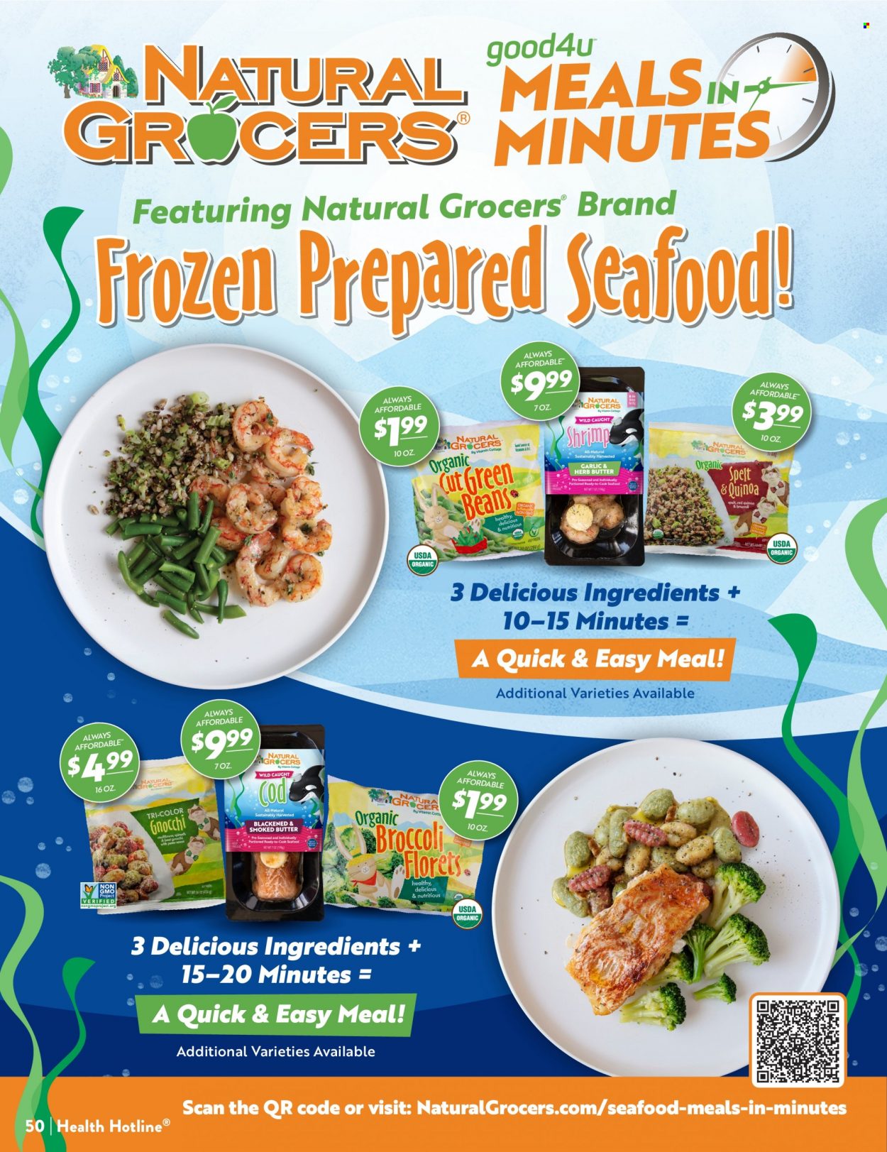 thumbnail - Natural Grocers Flyer - 01/27/2023 - 02/25/2023 - Sales products - green beans, cod, seafood, shrimps, gnocchi, butter, quinoa. Page 50.