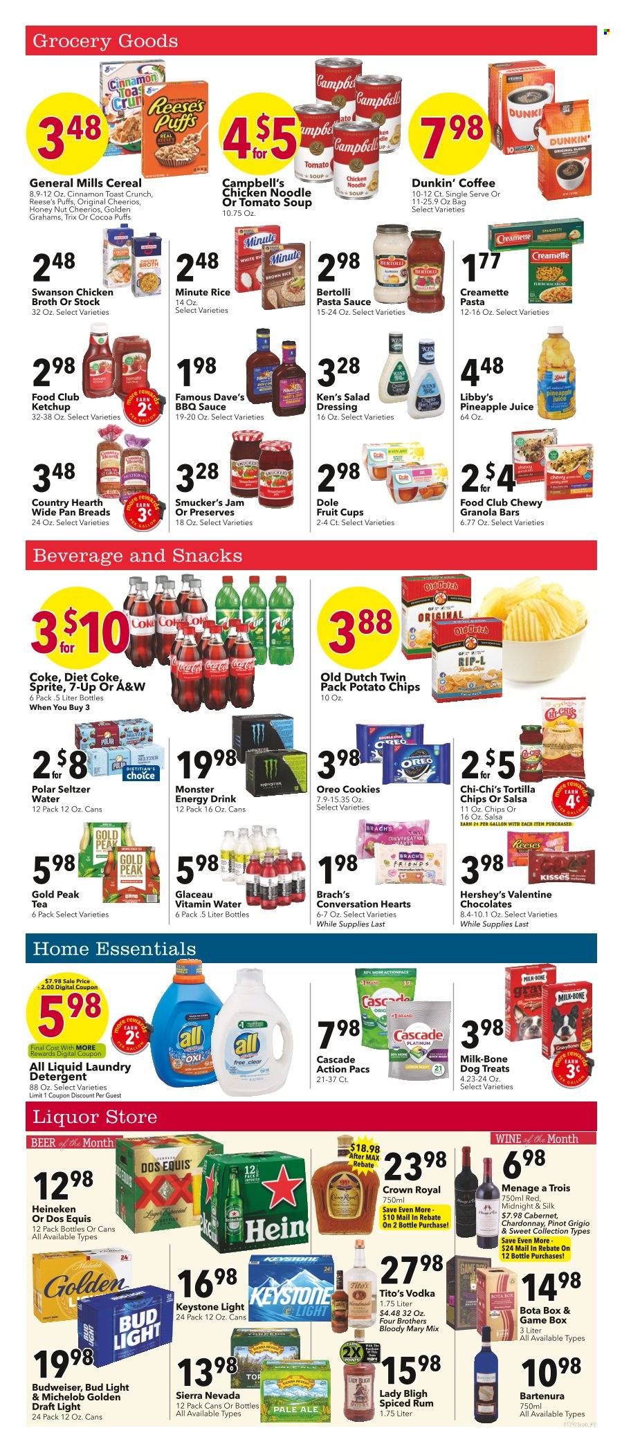 thumbnail - Coborn's Flyer - 01/29/2023 - 02/04/2023 - Sales products - puffs, Dole, pineapple, fruit cup, Campbell's, tomato soup, pasta sauce, soup, sauce, noodles, Four Brothers, Bertolli, Oreo, milk, Silk, Reese's, Hershey's, cookies, chocolate, tortilla chips, potato chips, chips, chicken broth, broth, cereals, Cheerios, granola bar, Trix, rice, Creamette, BBQ sauce, salad dressing, ketchup, dressing, salsa, fruit jam, Coca-Cola, Sprite, pineapple juice, juice, energy drink, Monster, Diet Coke, 7UP, Monster Energy, A&W, Gold Peak Tea, seltzer water, vitamin water, tea, coffee, Cabernet Sauvignon, white wine, Chardonnay, Pinot Grigio, rum, spiced rum, vodka, beer, Bud Light, Heineken, Keystone, detergent, Cascade, laundry detergent, pan, Budweiser, Dos Equis, Michelob. Page 3.