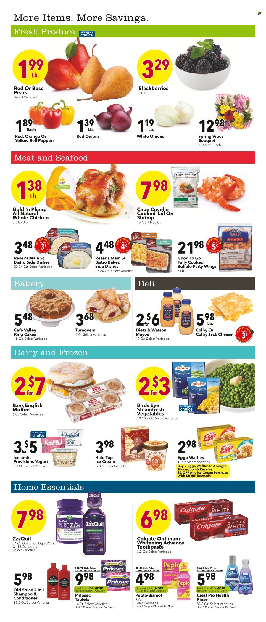 thumbnail - Coborn's Flyer - 01/29/2023 - 02/04/2023 - Sales products - english muffins, cake, turnovers, waffles, bell peppers, corn, red onions, peas, onion, peppers, sweet corn, blackberries, pears, oranges, seafood, shrimps, Bird's Eye, Dietz & Watson, Colby cheese, cheese, yoghurt, buttermilk, mayonnaise, ice cream, spice, whole chicken, shampoo, Old Spice, Colgate, toothpaste, Crest, conditioner, Optimum, bouquet, Melatonin, ZzzQuil, Pepto-bismol. Page 5.