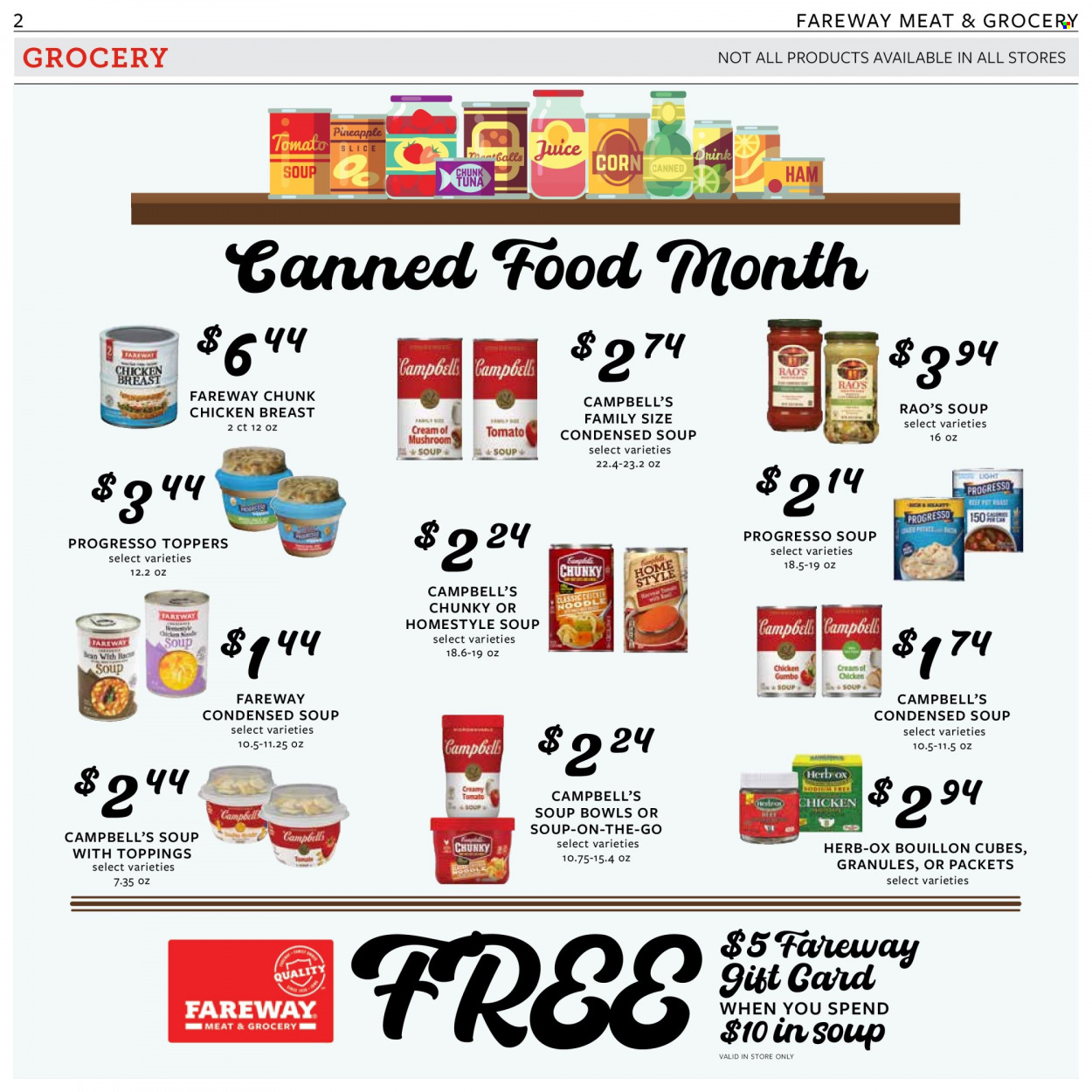 thumbnail - Fareway Flyer - 01/30/2023 - 02/04/2023 - Sales products - Campbell's, condensed soup, instant soup, Progresso, bouillon, herbs, chicken breasts. Page 2.