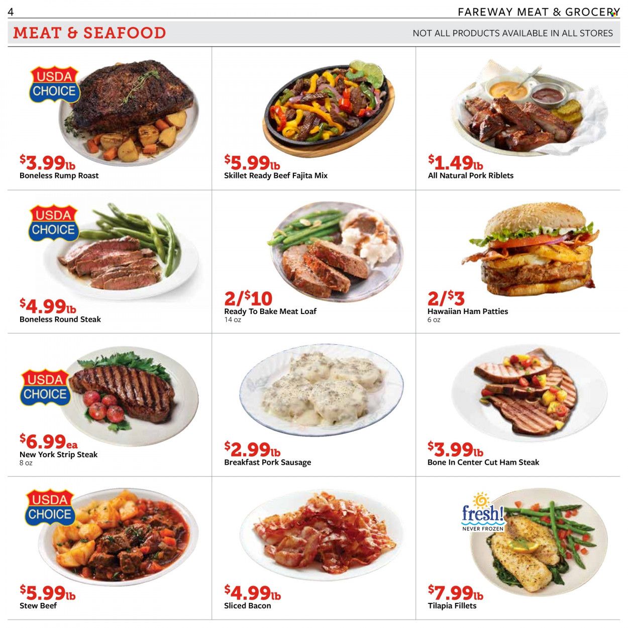 thumbnail - Fareway Flyer - 01/30/2023 - 02/04/2023 - Sales products - tilapia, seafood, fajita mix, bacon, ham, sausage, pork sausage, ham steaks, beef meat, steak, round steak, striploin steak. Page 4.