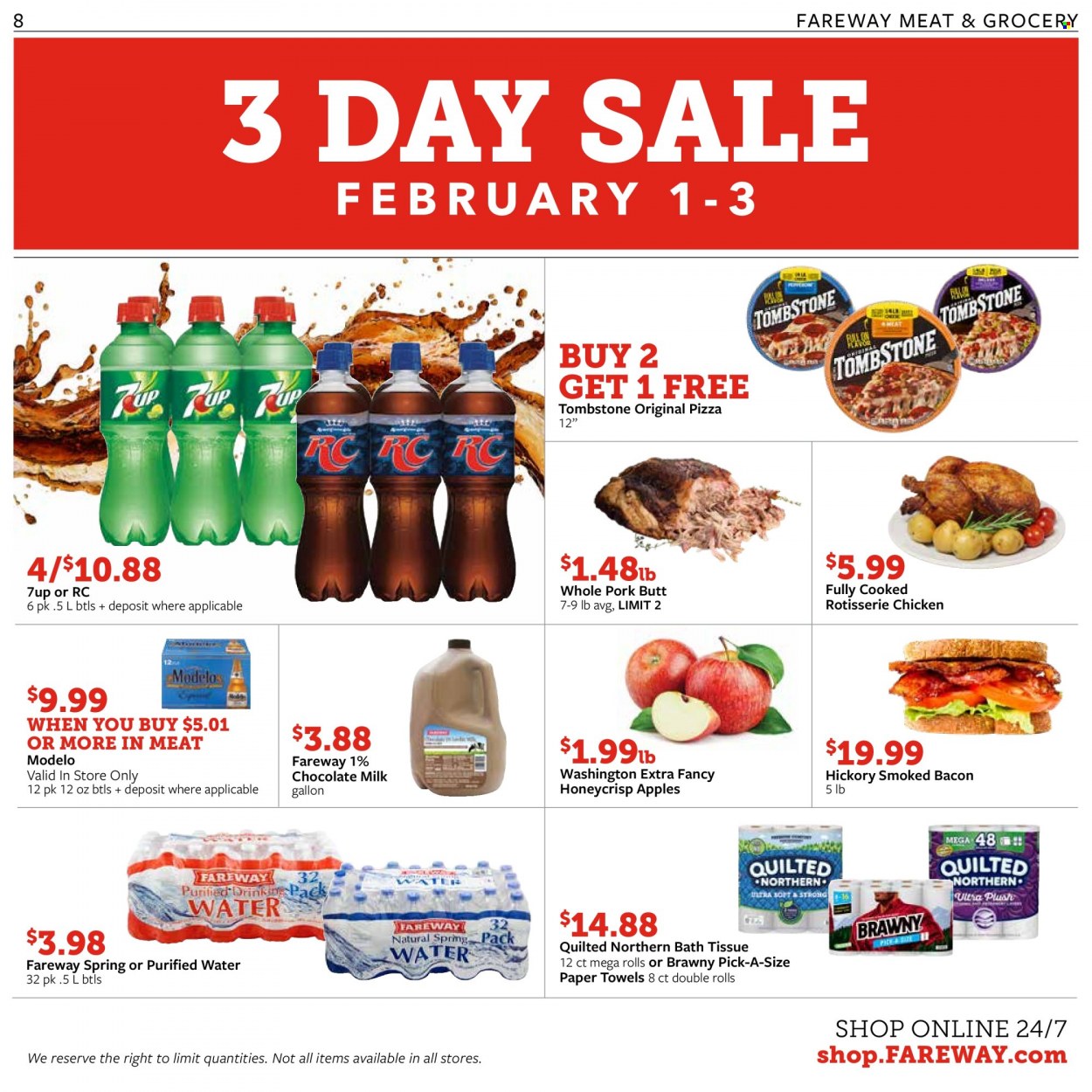 thumbnail - Fareway Flyer - 01/30/2023 - 02/04/2023 - Sales products - apples, pizza, chicken roast, bacon, milk, milk chocolate, chocolate, 7UP, purified water, Modelo, bath tissue, Quilted Northern, kitchen towels, paper towels. Page 8.