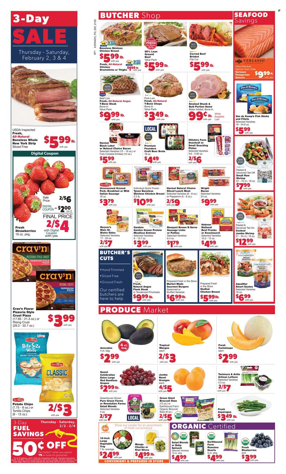 thumbnail - Family Fare Flyer - 01/29/2023 - 02/04/2023 - Sales products - asparagus, broccoli, cantaloupe, salad, avocado, blueberries, grapes, kiwi, seedless grapes, strawberries, oranges, salmon, seafood, fish, shrimps, fish fingers, Van de Kamp's, fish sticks, pizza, hamburger, Hormel, stuffed chicken, bacon, Hillshire Farm, sausage, pepperoni, italian sausage, lunch meat, corned beef, Celebration, tortilla chips, potato chips, beer, chicken drumsticks, beef meat, ground beef, t-bone steak, steak, beef brisket, flank steak, ground pork, pork loin, pork meat, bag, trash bags, tray, navel oranges. Page 2.