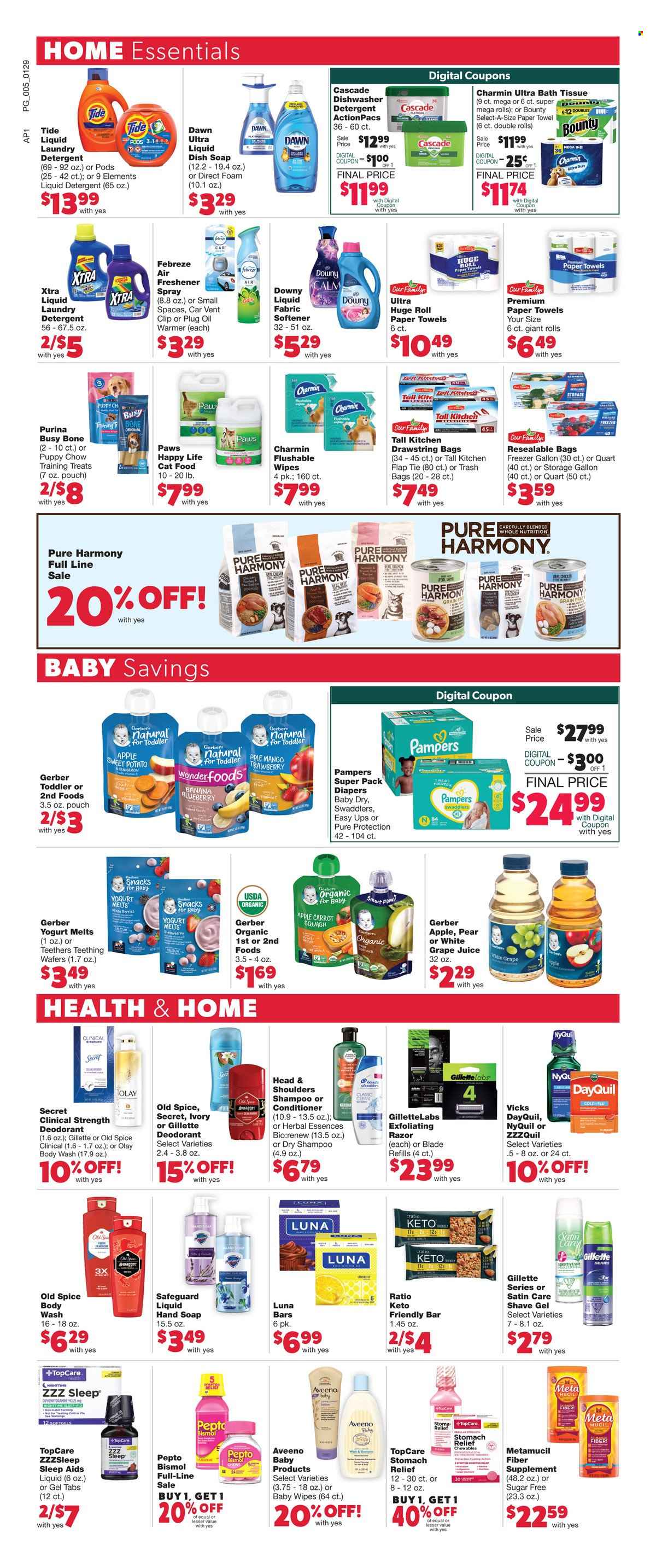 thumbnail - Family Fare Flyer - 01/29/2023 - 02/04/2023 - Sales products - pears, yoghurt, wafers, snack, Bounty, Gerber, spice, cinnamon, oil, juice, wipes, Pampers, baby wipes, nappies, Aveeno, bath tissue, kitchen towels, paper towels, Charmin, detergent, Febreze, Cascade, Tide, fabric softener, liquid detergent, laundry detergent, XTRA, Downy Laundry, body wash, shampoo, hand soap, Old Spice, soap, Olay, conditioner, Head & Shoulders, Herbal Essences, anti-perspirant, deodorant, Gillette, razor, shave gel, Vicks, trash bags, freshener spray, DayQuil, vitamin c, ZzzQuil, NyQuil, Metamucil. Page 5.