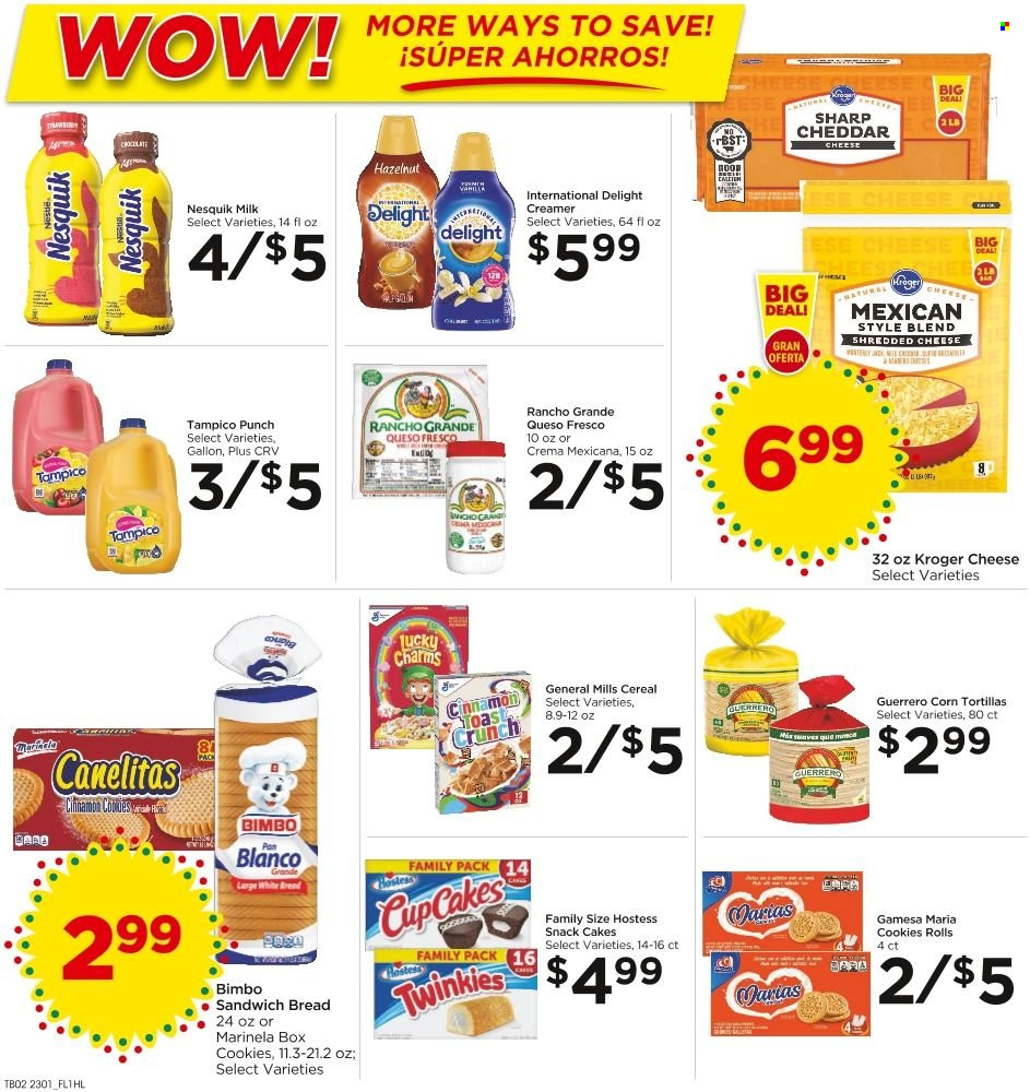 thumbnail - Food 4 Less Flyer - 02/01/2023 - 02/07/2023 - Sales products - bread, corn tortillas, tortillas, white bread, cake, cupcake, shredded cheese, queso fresco, cheddar, Nesquik, milk, creamer, cookies, chocolate, snack, cereals, cinnamon, fruit punch. Page 3.