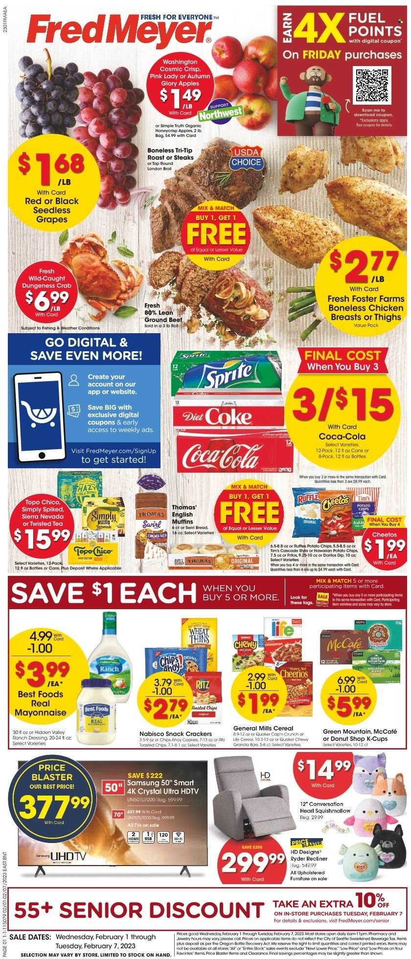thumbnail - Fred Meyer Flyer - 02/01/2023 - 02/07/2023 - Sales products - english muffins, apples, grapes, seedless grapes, Pink Lady, crab, Quaker, mayonnaise, ranch dressing, dip, cookies, snack, crackers, RITZ, Doritos, Fritos, potato chips, Cheetos, chips, Thins, Ruffles, cereals, Cheerios, granola bar, Cap'n Crunch, dressing, Coca-Cola, Sprite, Diet Coke, tea, coffee capsules, McCafe, K-Cups, Green Mountain, beer, chicken breasts, beef meat, ground beef, steak, Cascade, Samsung, UHD TV, HDTV, TV, recliner chair, jewelry, Squishmallows, Twisted Tea. Page 1.