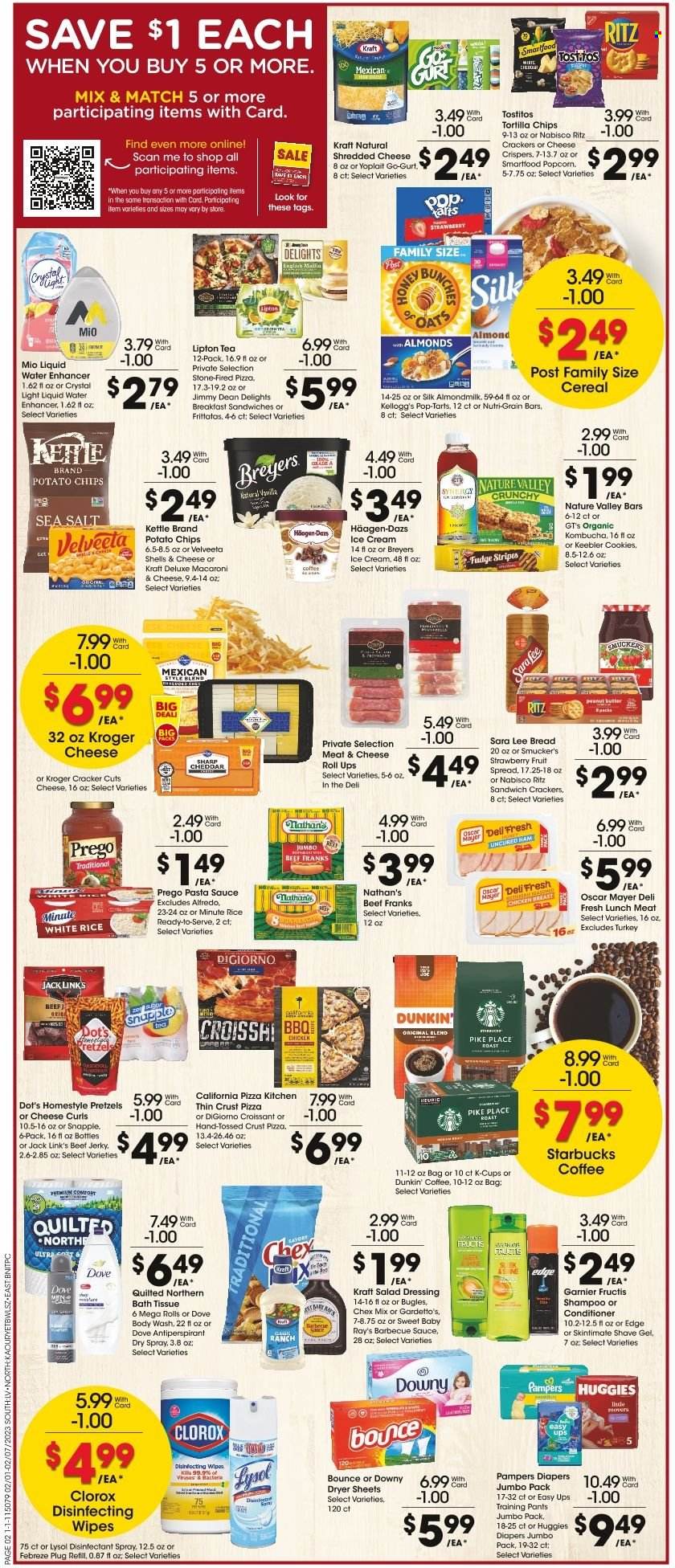 thumbnail - Fred Meyer Flyer - 02/01/2023 - 02/07/2023 - Sales products - Dell, bread, pretzels, Sara Lee, macaroni & cheese, pizza, pasta sauce, Kraft®, Jimmy Dean, beef jerky, uncured ham, ham, jerky, Oscar Mayer, lunch meat, shredded cheese, Yoplait, almond milk, Silk, ice cream, Häagen-Dazs, cookies, Dove, fudge, crackers, Kellogg's, Pop-Tarts, Keebler, RITZ, tortilla chips, potato chips, chips, Smartfood, popcorn, cheese rolls, Tostitos, Jack Link's, Chex Mix, cereals, Nature Valley, Nutri-Grain, rice, white rice, BBQ sauce, salad dressing, dressing, peanut butter, Lipton, Snapple, kombucha, tea, Starbucks, coffee capsules, K-Cups, chicken breasts, wipes, Huggies, Pampers, pants, nappies, baby pants, bath tissue, Quilted Northern, Febreze, desinfection, Lysol, Clorox, dryer sheets, Downy Laundry, body wash, shampoo, Garnier, conditioner, Fructis, anti-perspirant, shave gel, antibacterial spray. Page 2.