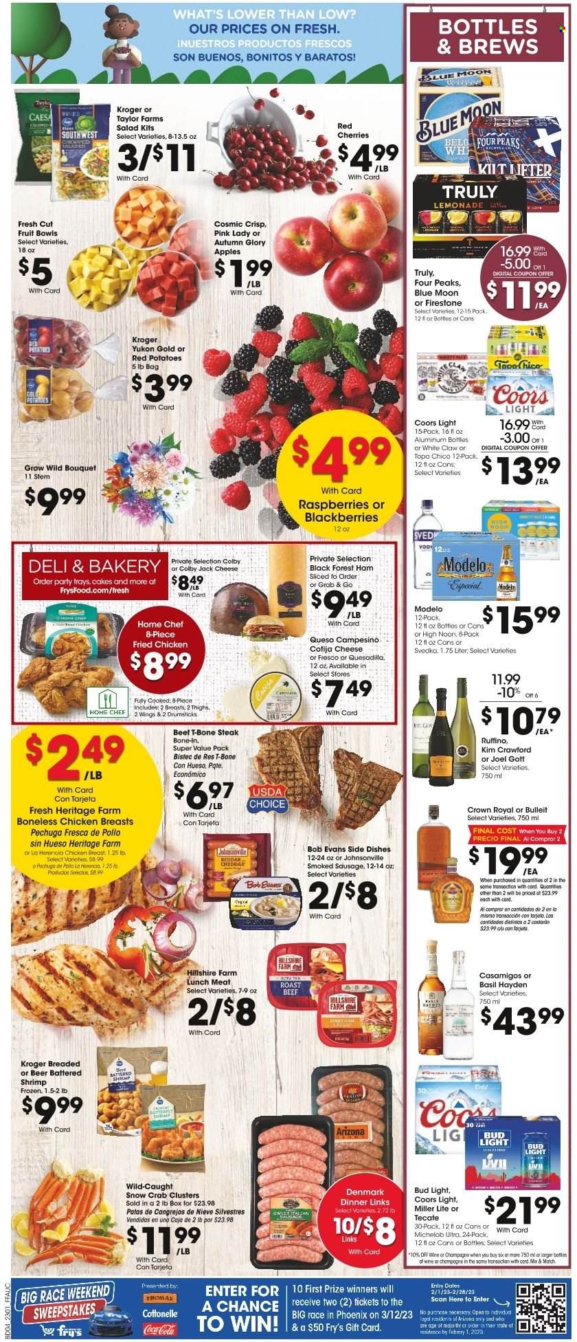 thumbnail - Fry’s Flyer - 02/01/2023 - 02/07/2023 - Sales products - cake, potatoes, salad, red potatoes, apples, cherries, Pink Lady, crab, shrimps, Bob Evans, ham, Hillshire Farm, Johnsonville, sausage, smoked sausage, lunch meat, Colby cheese, Coca-Cola, lemonade, AriZona, wine, White Claw, TRULY, beer, Bud Light, Modelo, beef meat, t-bone steak, steak, roast beef, Cottonelle, Miller Lite, Coors, Blue Moon, Michelob. Page 4.