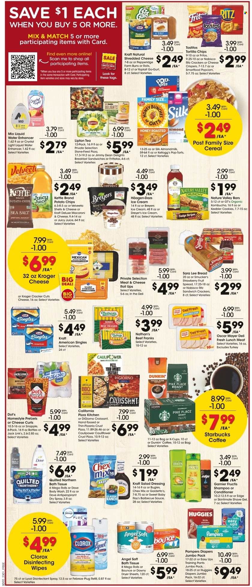 thumbnail - Fry’s Flyer - 02/01/2023 - 02/07/2023 - Sales products - bread, pretzels, buns, Sara Lee, pizza, macaroni, Kraft®, Jimmy Dean, uncured ham, ham, Oscar Mayer, lunch meat, shredded cheese, Kraft Singles, Yoplait, almond milk, Silk, ice cream, Häagen-Dazs, cookies, Dove, fudge, crackers, Kellogg's, Pop-Tarts, Keebler, RITZ, Fritos, tortilla chips, potato chips, chips, Smartfood, popcorn, cheese rolls, Tostitos, Jack Link's, Chex Mix, sugar, cereals, Nature Valley, BBQ sauce, salad dressing, dressing, honey, juice, Lipton, Snapple, kombucha, tea, Starbucks, coffee capsules, K-Cups, Keurig, chicken breasts, wipes, Huggies, Pampers, pants, nappies, baby pants, bath tissue, Quilted Northern, Febreze, desinfection, Lysol, Clorox, dryer sheets, Downy Laundry, body wash, shampoo, Garnier, conditioner, Fructis, anti-perspirant, shave gel, antibacterial spray. Page 2.