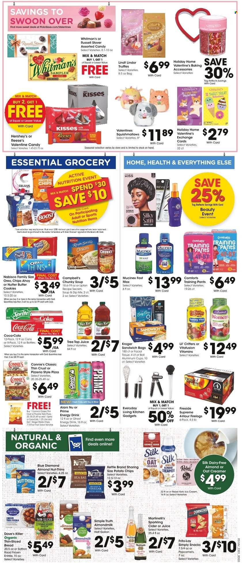thumbnail - Pick ‘n Save Flyer - 02/01/2023 - 02/07/2023 - Sales products - bread, Campbell's, pizza, soup, Tikka Masala, Oreo, almond milk, milk, Silk, creamer, almond creamer, ice cream, Reese's, Hershey's, Enlightened lce Cream, cookies, butter cookies, snack, Lindt, Lindor, truffles, potato chips, Thins, popcorn, Frito-Lay, Blue Diamond, Coca-Cola, Sprite, juice, energy drink, Lipton, Diet Coke, Boost, sparkling cider, sparkling wine, cider, pants, baby pants, tissues, baking accessories, cup, Squishmallows, Mucinex. Page 5.