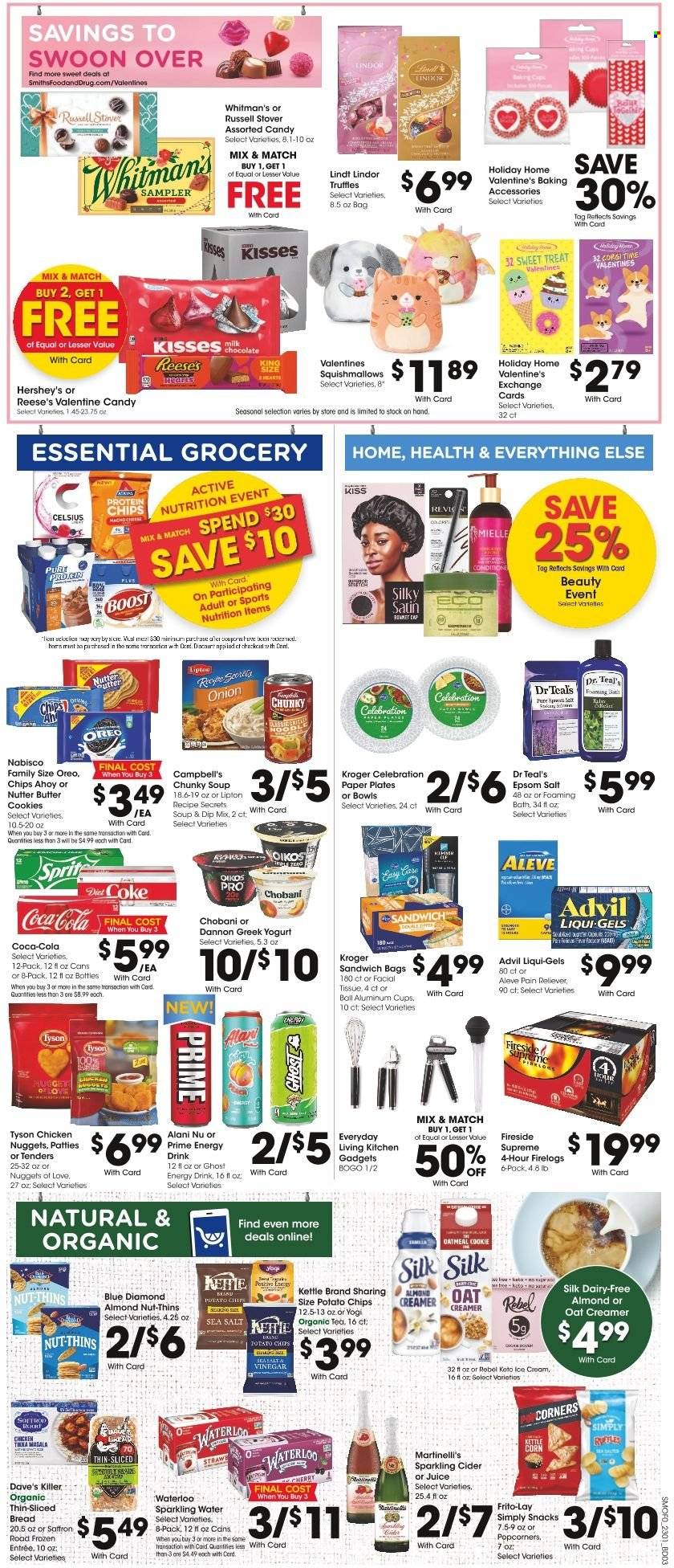 thumbnail - Smith's Flyer - 02/01/2023 - 02/07/2023 - Sales products - bread, cherries, Campbell's, soup, nuggets, chicken nuggets, greek yoghurt, Oreo, yoghurt, Oikos, Chobani, Dannon, organic milk, Silk, creamer, almond creamer, ice cream, Reese's, Hershey's, Enlightened lce Cream, cookies, butter cookies, snack, Lindt, Lindor, truffles, Celebration, potato chips, Thins, popcorn, Frito-Lay, Blue Diamond, Coca-Cola, Sprite, juice, energy drink, Lipton, Diet Coke, sparkling water, Boost, tea, sparkling cider, sparkling wine, cider, tissues, Mielle, plate, baking accessories, cup, straw, paper, paper plate, Aleve, Advil Rapid. Page 5.