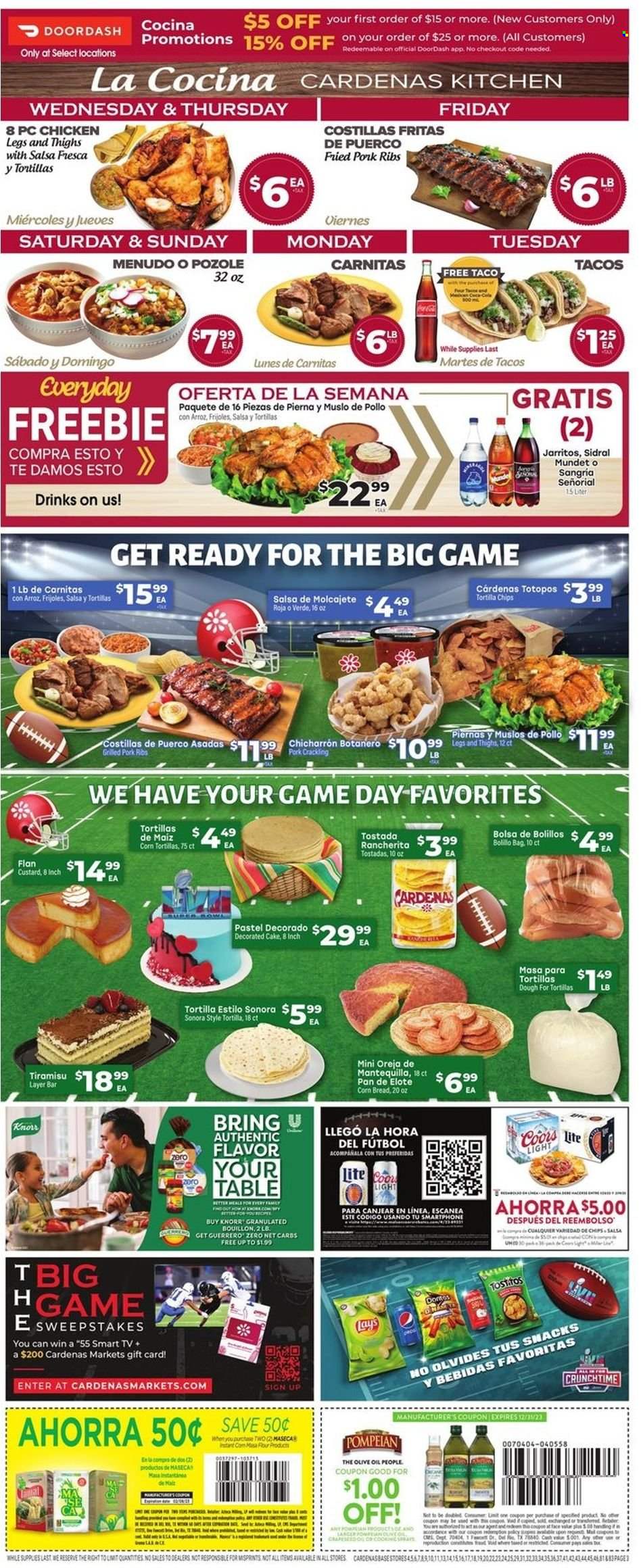 thumbnail - Cardenas Flyer - 02/01/2023 - 02/07/2023 - Sales products - corn tortillas, cake, corn bread, tostadas, tacos, tiramisu, Knorr, custard, snack, tortilla chips, chips, Lay’s, Tostitos, salsa, olive oil, oil, beer, chicken legs, ribs, pork meat, pork ribs, pan, Coors. Page 3.
