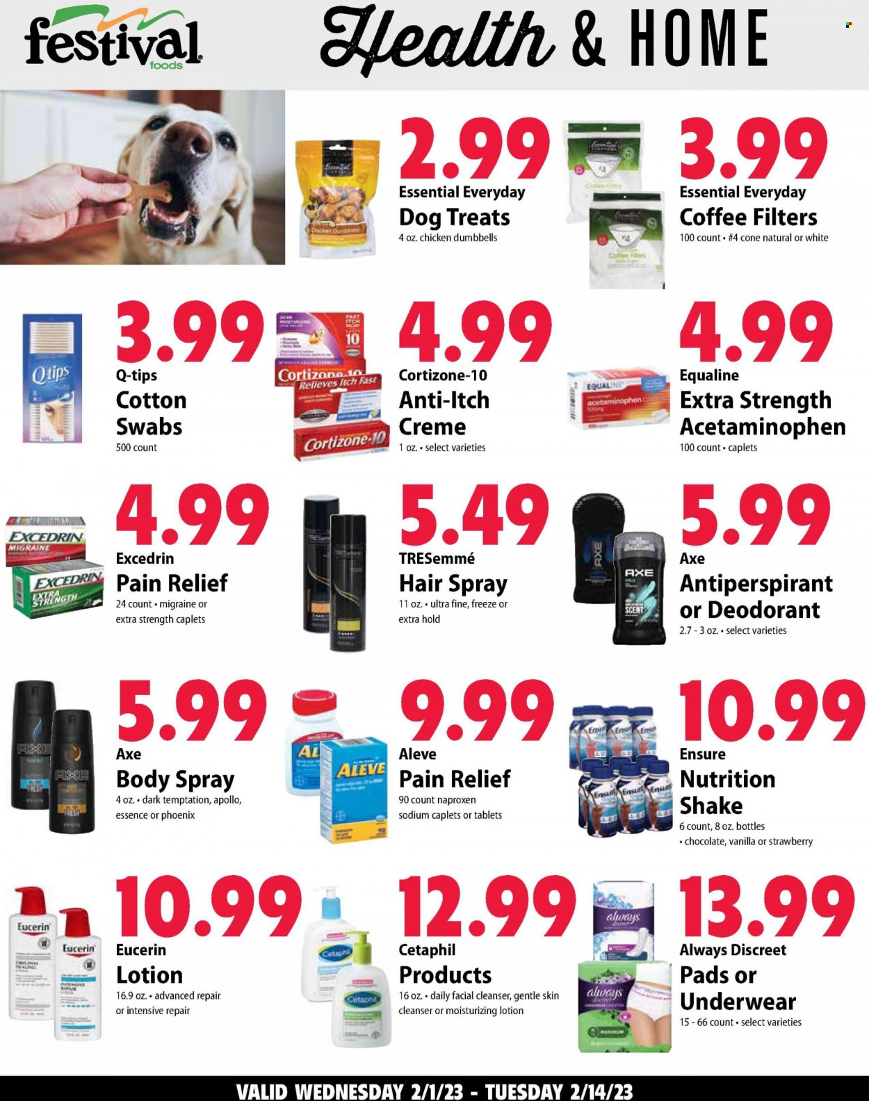 thumbnail - Festival Foods Flyer - 02/01/2023 - 02/07/2023 - Sales products - shake, chocolate, sanitary pads, Always Discreet, Always Underwear, TRESemmé, body lotion, body spray, Eucerin, anti-perspirant, deodorant, Axe, pain relief, Aleve, Excedrin. Page 5.