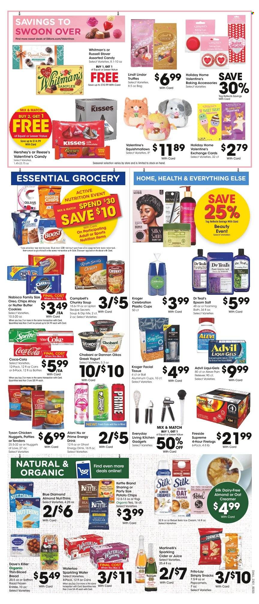thumbnail - Dillons Flyer - 02/01/2023 - 02/07/2023 - Sales products - bread, cherries, Campbell's, soup, nuggets, chicken nuggets, noodles, Tikka Masala, cheese, greek yoghurt, Oreo, yoghurt, Oikos, Chobani, Dannon, Silk, creamer, almond creamer, ice cream, Reese's, Hershey's, Enlightened lce Cream, cookies, butter cookies, snack, Lindt, Lindor, truffles, Celebration, potato chips, Thins, popcorn, Frito-Lay, Blue Diamond, Coca-Cola, Sprite, juice, energy drink, Lipton, Diet Coke, sparkling water, Boost, tea, sparkling cider, sparkling wine, cider, tissues, Mielle, baking accessories, cup, Squishmallows, Aleve, Advil Rapid. Page 5.