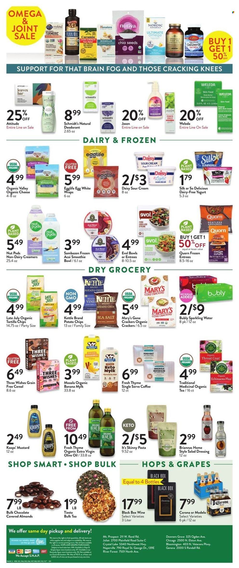 thumbnail - Fresh Thyme Flyer - 02/01/2023 - 02/07/2023 - Sales products - wraps, grapes, cod, pasta, mozzarella, yoghurt, almond milk, Silk, eggs, butter, sour cream, creamer, crackers, tortilla chips, potato chips, coconut milk, cereals, turmeric, chia seeds, mustard, salad dressing, dressing, extra virgin olive oil, olive oil, oil, sparkling water, tea, coffee, beer, Corona Extra, Modelo, steak, fish oil, Omega-3. Page 2.