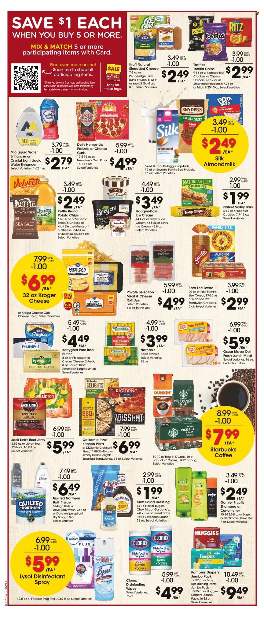 thumbnail - King Soopers Flyer - 02/01/2023 - 02/07/2023 - Sales products - bread, pretzels, buns, Sara Lee, macaroni & cheese, pizza, Kraft®, Jimmy Dean, beef jerky, jerky, Oscar Mayer, lunch meat, cream cheese, shredded cheese, Philadelphia, Kraft Singles, Yoplait, almond milk, irish butter, ice cream, Häagen-Dazs, cookies, Dove, fudge, crackers, Kellogg's, Pop-Tarts, Keebler, RITZ, Fritos, tortilla chips, potato chips, chips, Smartfood, popcorn, cheese rolls, Tostitos, Jack Link's, Chex Mix, cereals, Nature Valley, BBQ sauce, salad dressing, dressing, peanut butter, juice, Lipton, tea, Starbucks, coffee capsules, K-Cups, chicken breasts, wipes, Huggies, Pampers, pants, nappies, baby pants, bath tissue, Quilted Northern, Febreze, Gain, desinfection, Lysol, Clorox, body wash, shampoo, Garnier, conditioner, Fructis, anti-perspirant, shave gel, antibacterial spray. Page 2.
