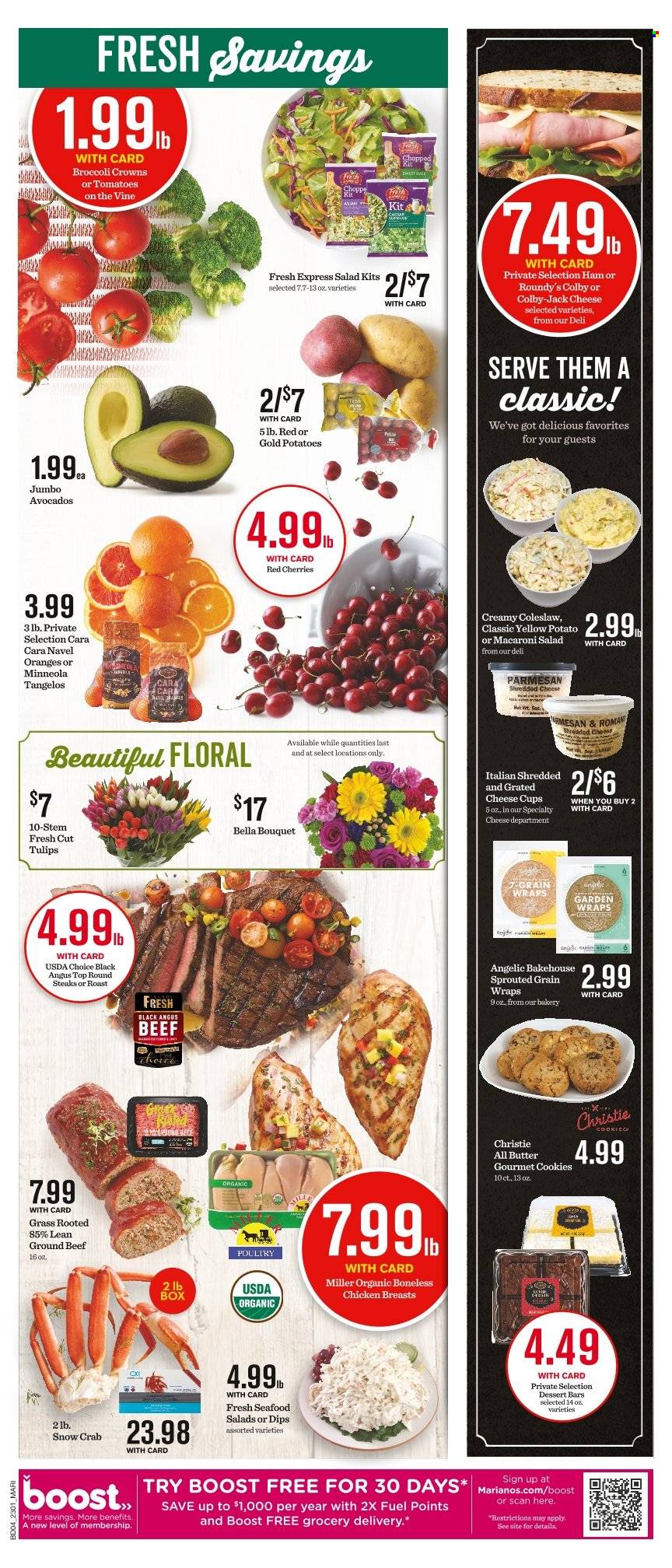 thumbnail - Mariano’s Flyer - 02/01/2023 - 02/07/2023 - Sales products - wraps, Bella, tomatoes, potatoes, salad, avocado, tangelos, cherries, oranges, seafood, crab, coleslaw, ham, macaroni salad, Colby cheese, shredded cheese, cheese cup, parmesan, grated cheese, cookies, Boost, Miller, chicken breasts, beef meat, ground beef, steak, cup, tulip, bouquet, navel oranges. Page 3.