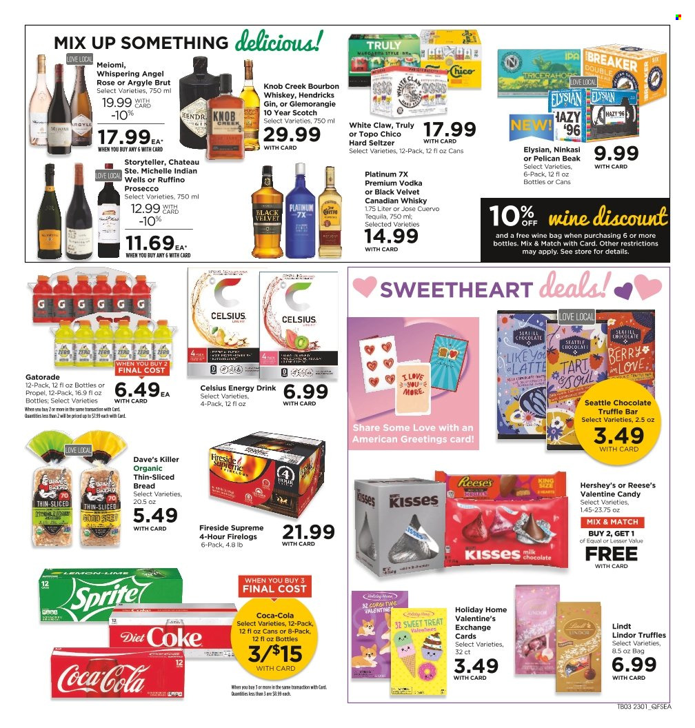 thumbnail - QFC Flyer - 02/01/2023 - 02/07/2023 - Sales products - bread, milk, Reese's, Hershey's, chocolate, Lindt, Lindor, truffles, Coca-Cola, Sprite, energy drink, Diet Coke, Gatorade, prosecco, wine, rosé wine, bourbon, canadian whisky, gin, tequila, vodka, whiskey, White Claw, Hard Seltzer, TRULY, Hendrick's, bourbon whiskey, whisky, IPA, Brut. Page 4.