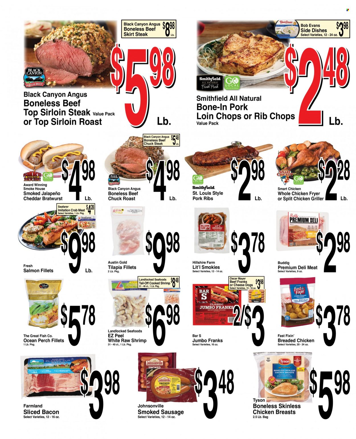 thumbnail - Super Saver Flyer - 02/01/2023 - 02/07/2023 - Sales products - Fast Fixin', jalapeño, crab meat, salmon, salmon fillet, tilapia, perch, crab, fish, shrimps, fried chicken, Bob Evans, bacon, Hillshire Farm, Johnsonville, Oscar Mayer, bratwurst, sausage, smoked sausage, cheddar, whole chicken, beef meat, beef sirloin, steak, sirloin steak, chuck steak, chuck roast, ribs, pork chops, pork loin, pork meat, pork ribs, rib chops. Page 2.