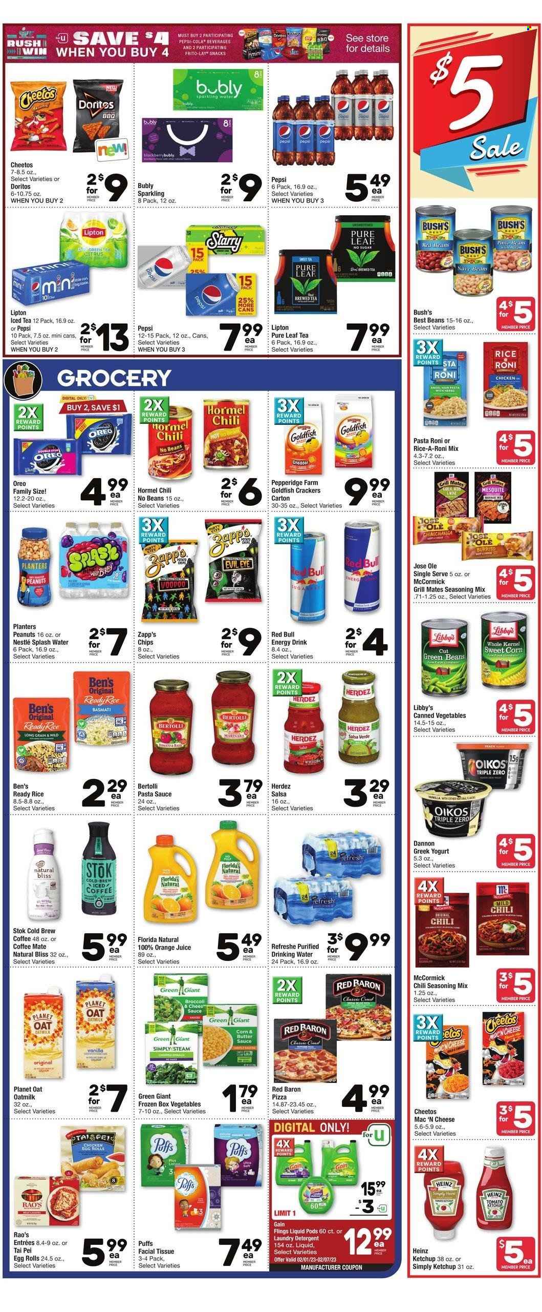 thumbnail - Tom Thumb Flyer - 02/01/2023 - 02/07/2023 - Sales products - puffs, broccoli, corn, garlic, green beans, sweet corn, pizza, pasta sauce, sauce, egg rolls, burrito, Bertolli, Hormel, greek yoghurt, Oreo, yoghurt, Oikos, Dannon, Coffee-Mate, oat milk, Red Baron, Nestlé, snack, crackers, Florida's Natural, Doritos, Cheetos, Goldfish, Frito-Lay, navy beans, red beans, Heinz, pinto beans, canned vegetables, basmati rice, rice, spice, ketchup, salsa, peanuts, Planters, Pepsi, orange juice, juice, energy drink, Lipton, ice tea, Red Bull, sparkling water, Pure Leaf, tissues, detergent, Gain, laundry detergent, Crest. Page 3.
