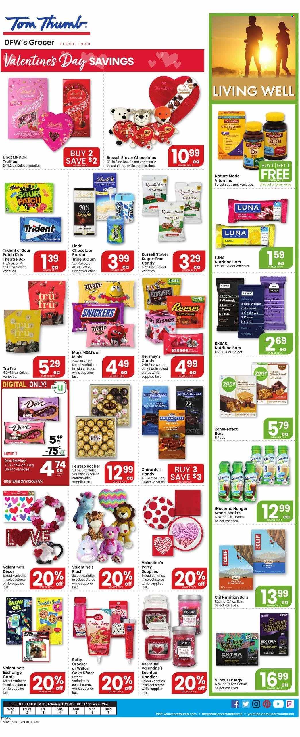 thumbnail - Tom Thumb Flyer - 02/01/2023 - 02/07/2023 - Sales products - cherries, milk, shake, eggs, Reese's, Hershey's, Dove, Lindt, Lindor, Ferrero Rocher, Snickers, Mars, truffles, M&M's, dark chocolate, Trident, Ghirardelli, Sour Patch, chocolate bar, Dove Promises, oats, nutrition bar, oil, honey, peanut butter, Burberry. Page 5.