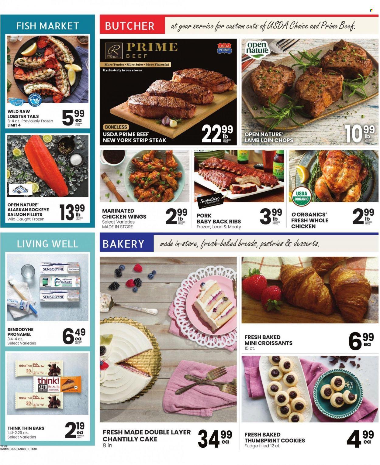 thumbnail - Tom Thumb Flyer - 02/01/2023 - 02/07/2023 - Sales products - cake, croissant, lobster, salmon, salmon fillet, lobster tail, chicken wings, cookies, fudge, protein bar, whole chicken, marinated chicken, beef meat, steak, striploin steak, ribs, pork meat, pork ribs, pork back ribs, lamb loin, lamb meat, Sensodyne. Page 2.