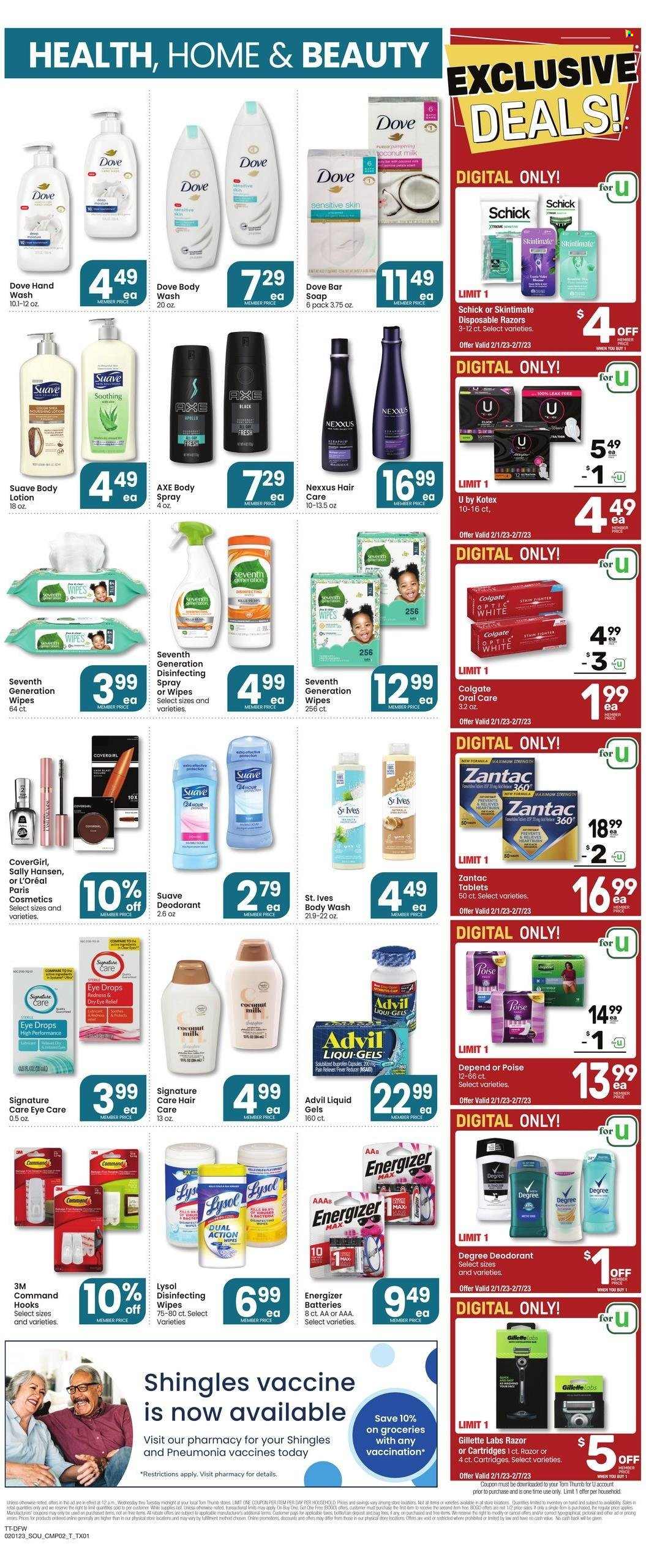 thumbnail - Tom Thumb Flyer - 02/01/2023 - 02/07/2023 - Sales products - Dove, coconut milk, wipes, Lysol, body wash, Suave, hand wash, soap bar, soap, Colgate, Kotex, L’Oréal, Nexxus, body lotion, body spray, anti-perspirant, deodorant, Axe, Gillette, razor, Schick, disposable razor. Page 8.