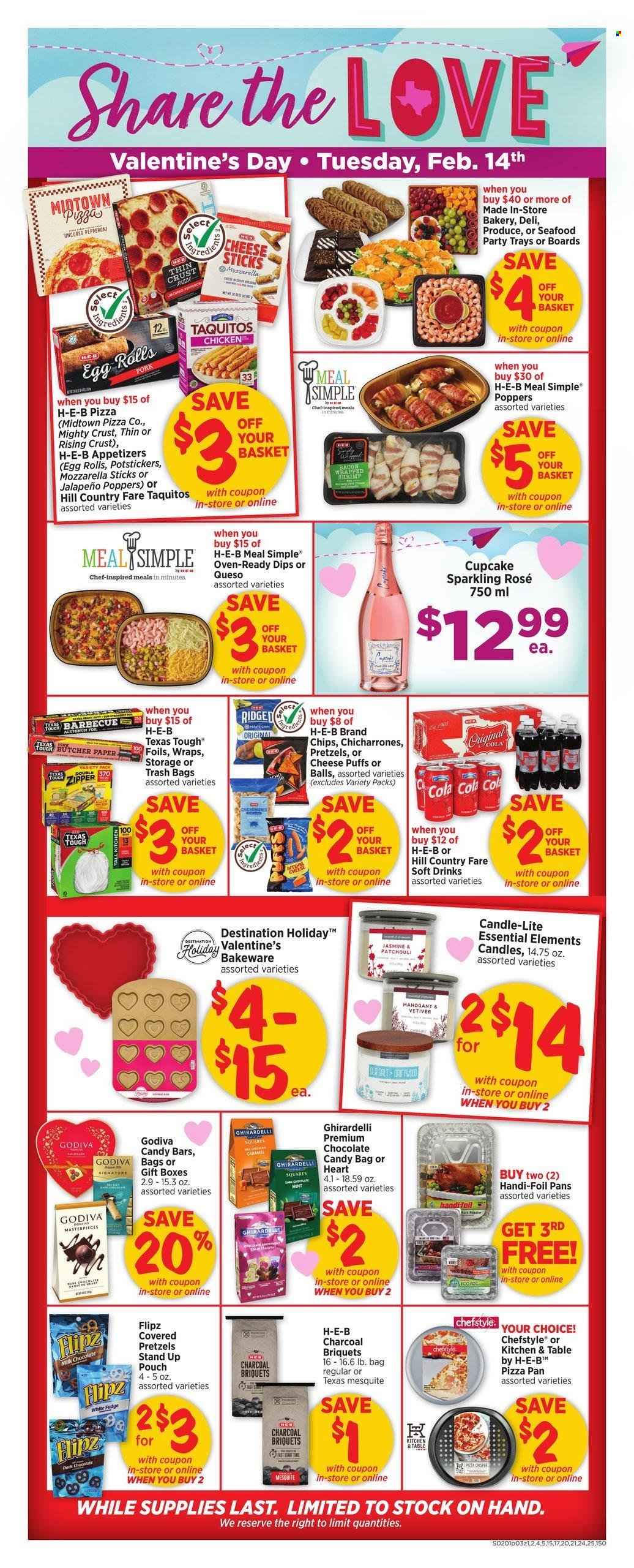 thumbnail - H-E-B Flyer - 02/01/2023 - 02/07/2023 - Sales products - pretzels, wraps, cupcake, puffs, seafood, shrimps, egg rolls, taquitos, bacon, pepperoni, milk, cheese sticks, fudge, Godiva, Ghirardelli, chocolate candies, chips, caramel, soft drink, wine, rosé wine, trash bags, pan, pizza pan, bakeware, gift box, paper, candle, rose, charcoal. Page 3.